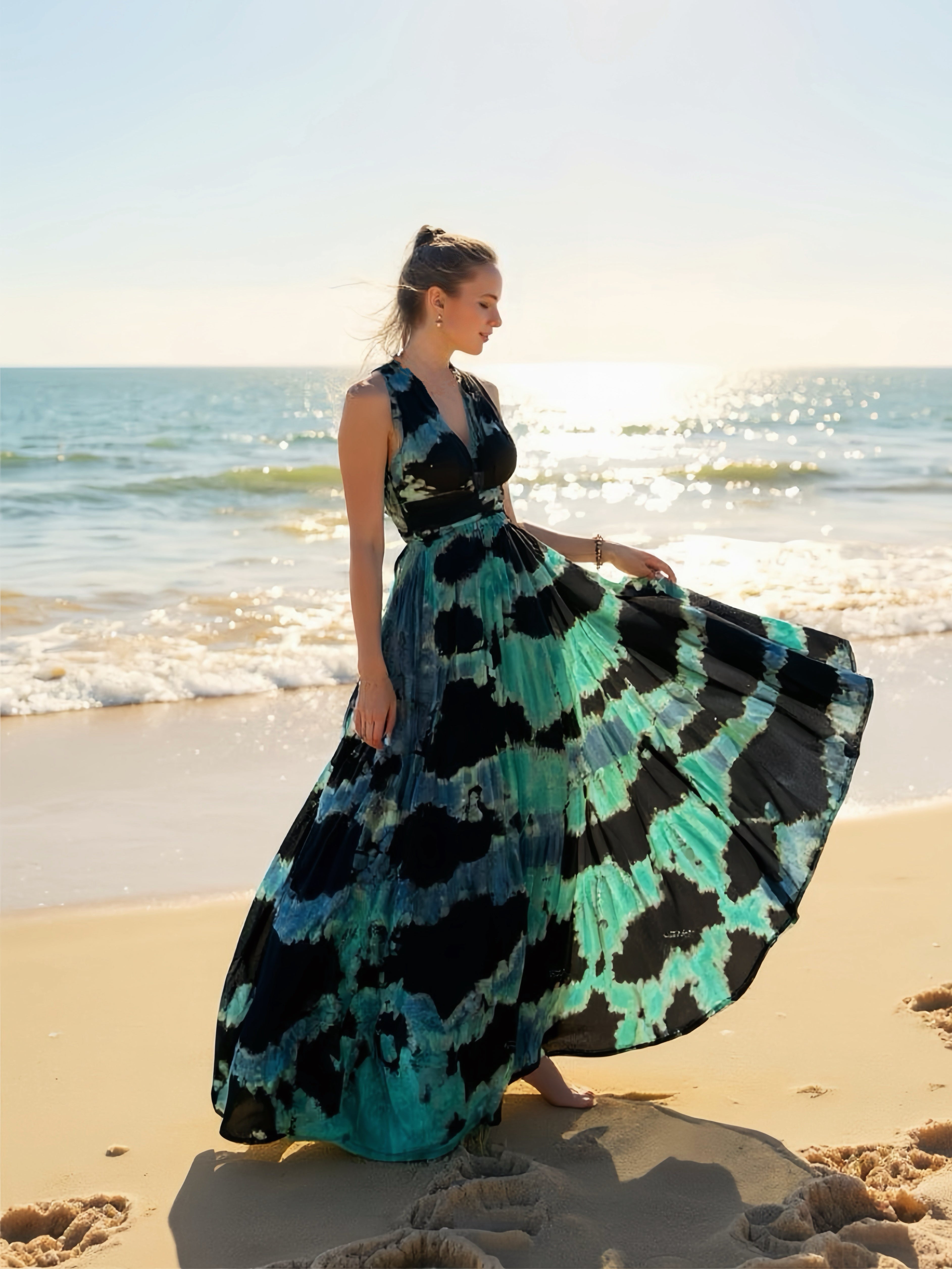 Model wearing our Butterfly Infinity Maxi Dress Tie Dye, Tie dye open back maxi dress perfect beach dress.