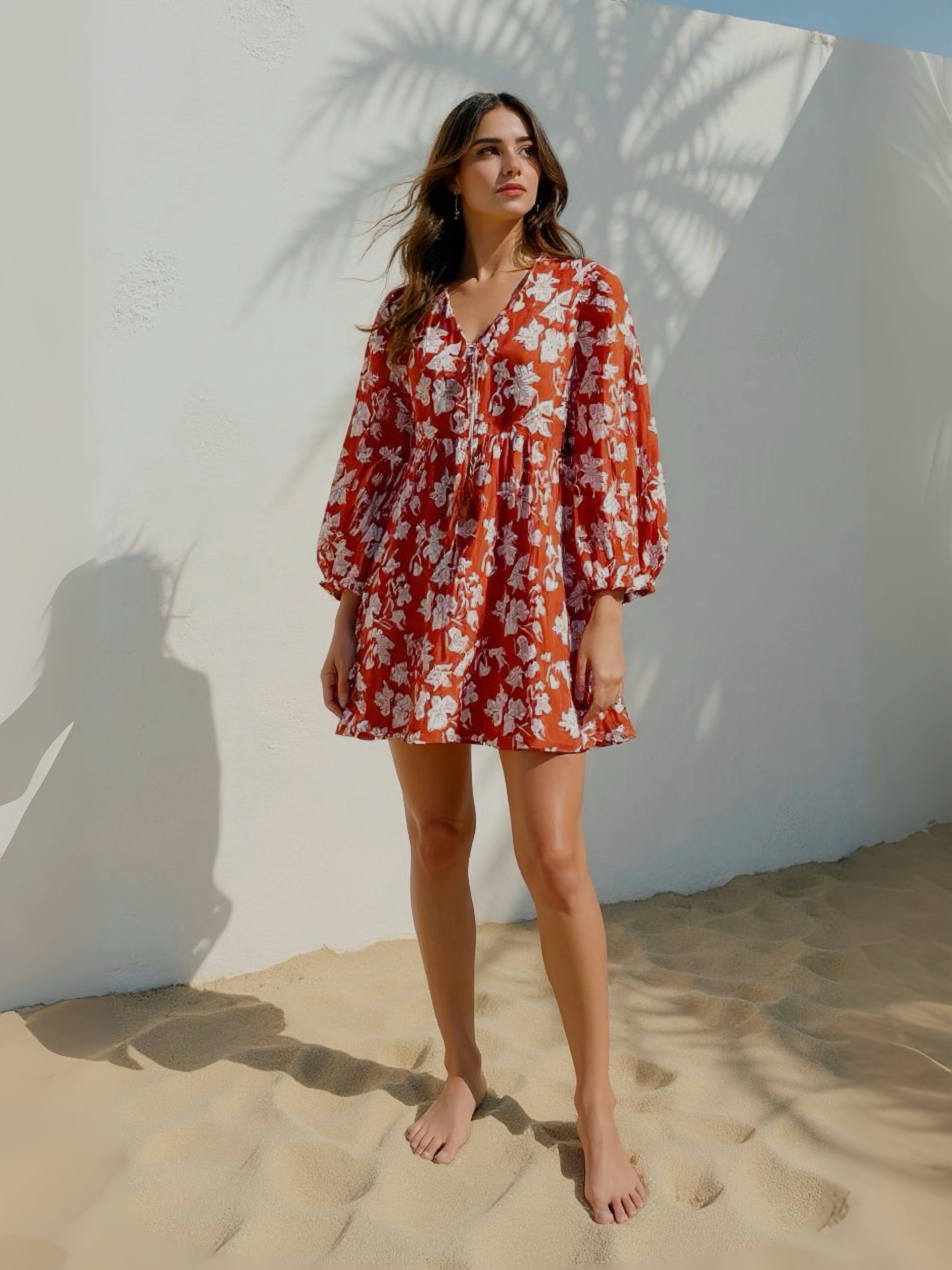 Shop The Coco de Chom Lola - Beach Inspired Dress in Beautiful Blue Sky: A Unique Limited Edition Piece. Handcrafted Design with Wooden Blocks on Fine Cotton Voile, Featuring a Dreamy Block Printed Pattern Inspired by Bougainvillea Flowers and Vacations. Ideal for Beach Days, Vacations, and Boho Vibes.