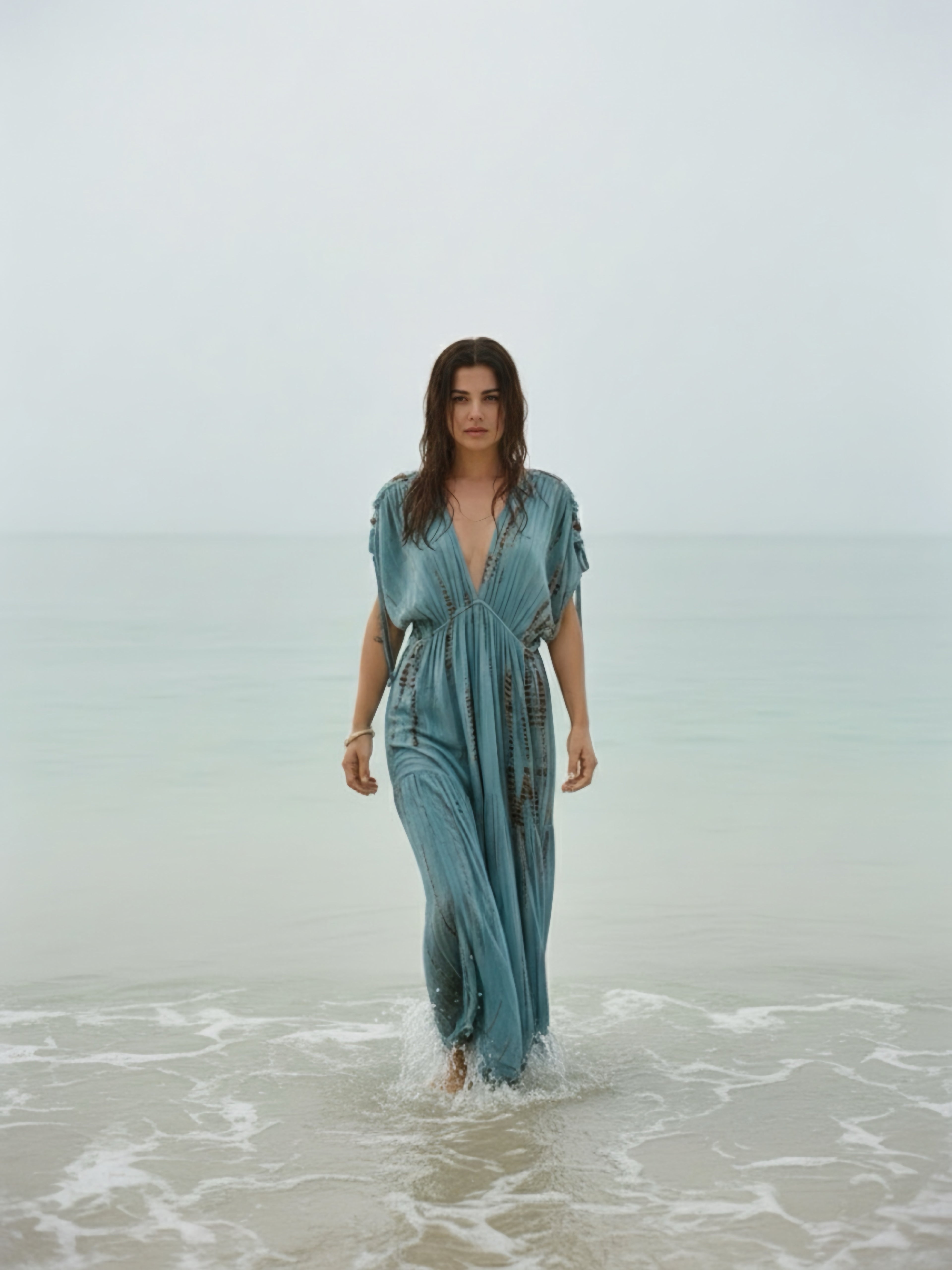 Woman wearing the handmade Athena Goddess Kaftan Dress in teal—flowy tie-dye maxi dress with pockets, deep V-neckline, perfect for summer, resort wear, or festivals.
