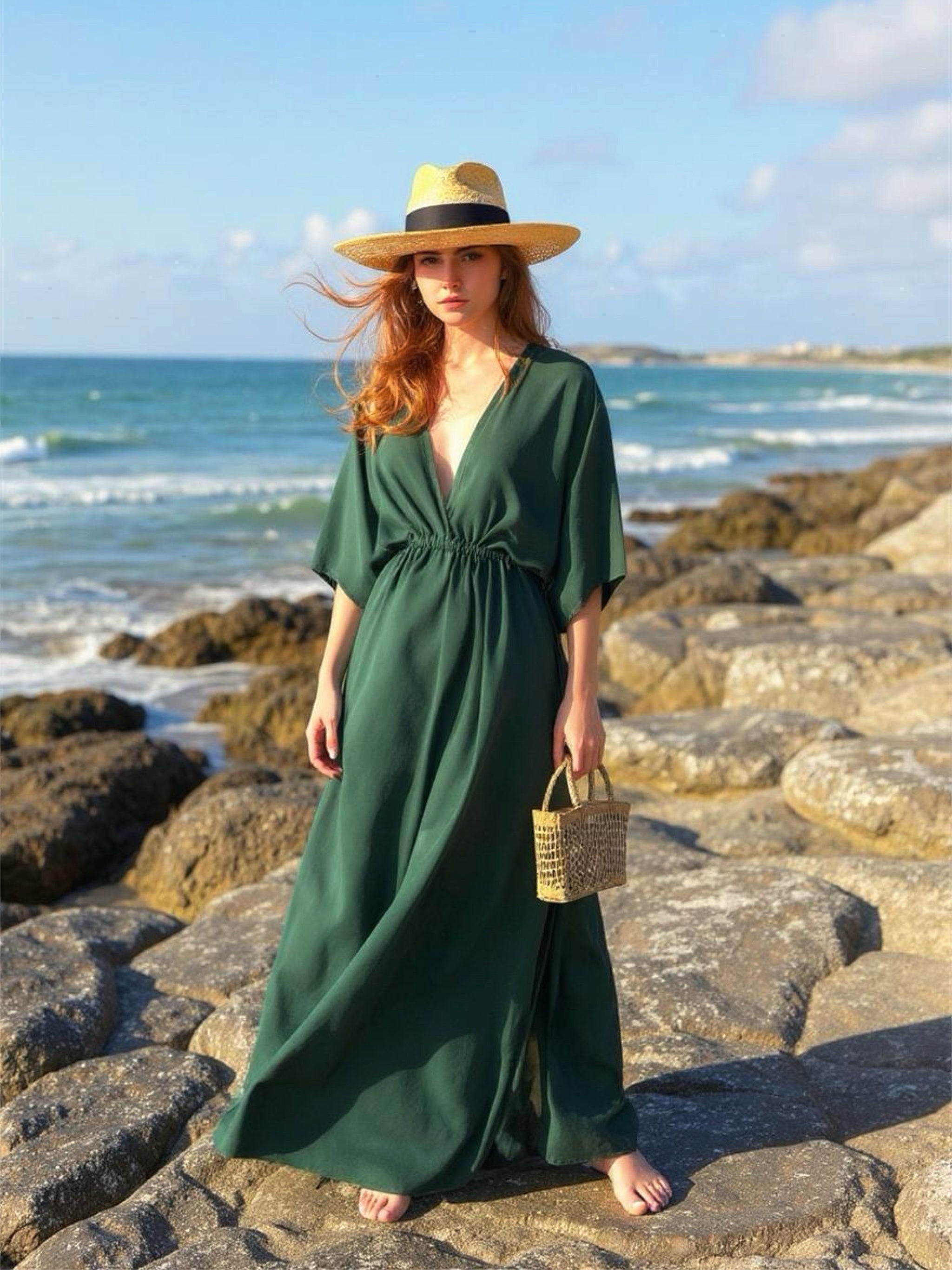 Woman wearing a flowy tie-dye kaftan maxi dress on the beach, featuring a deep V-neck, side slit, and cinched waist—handmade resortwear by Coco de Chom