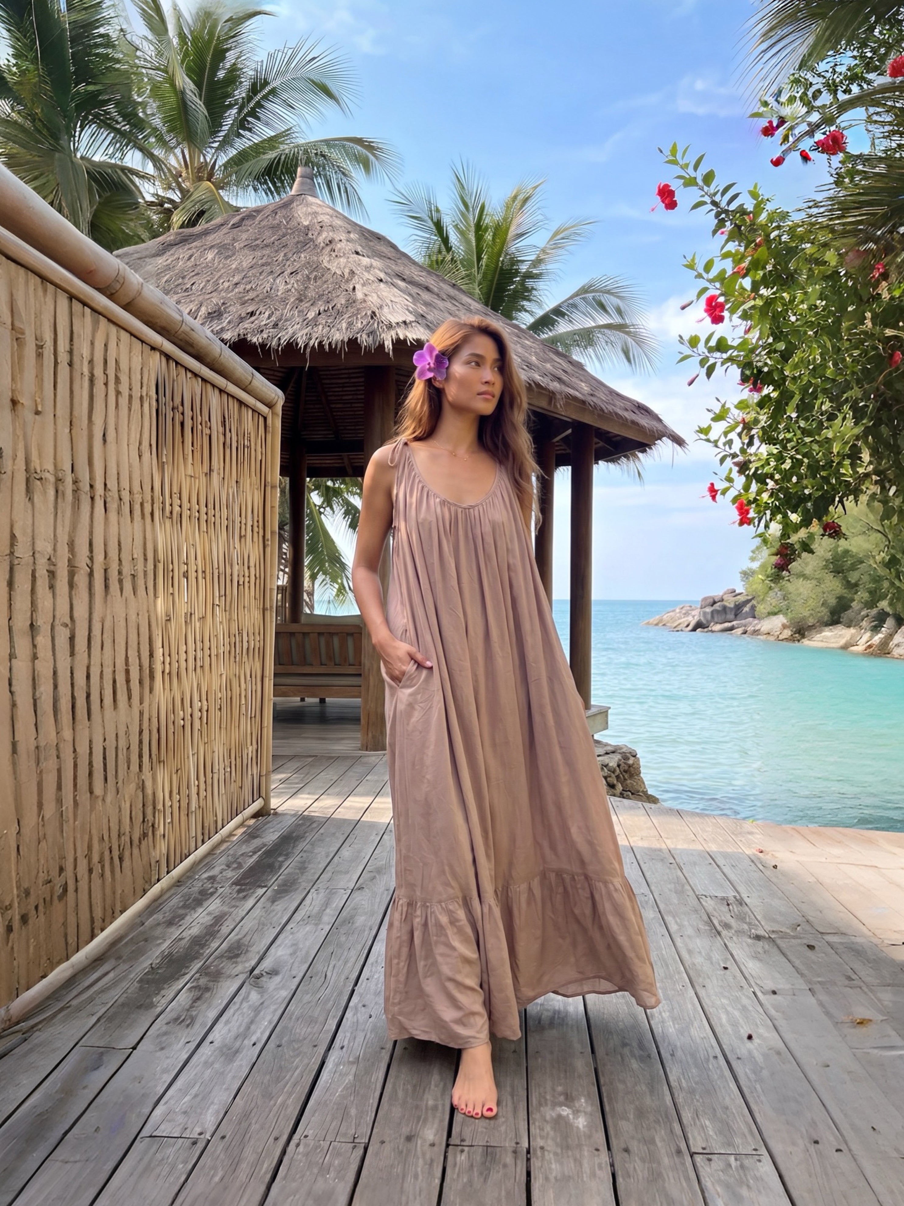 Mali open back maxi dress in soft nude, handmade backless resort dress with tie shoulders, flowy ruffle hem, and beach vacation style