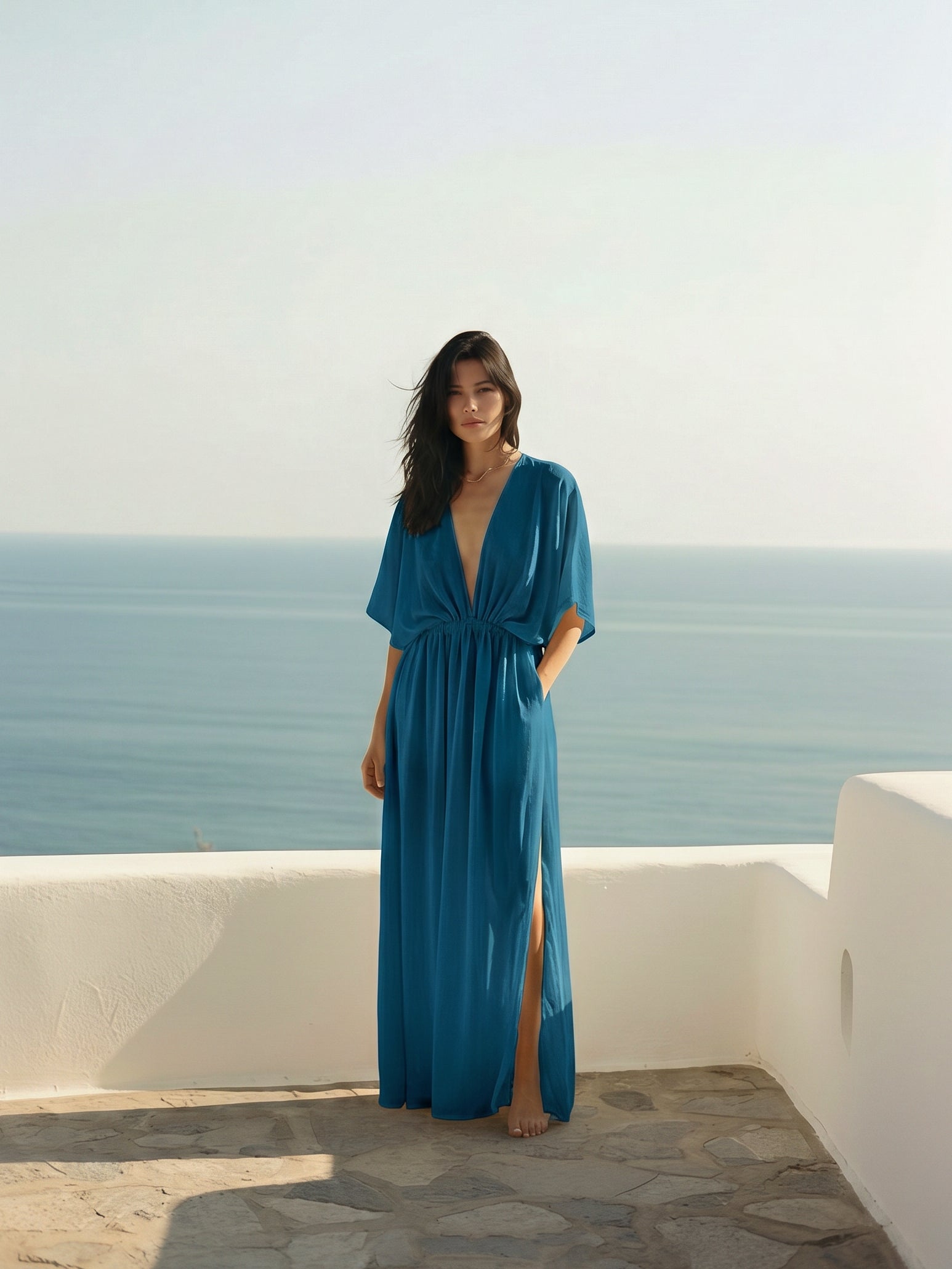 flowy oversized dress Ocean Teal Goddess Kaftan Style:SU25138 * Linen fabric Geo Trapeze Midi Dress Darks