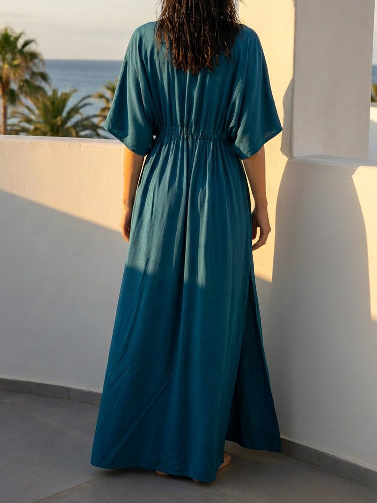 Teal blue kaftan dress, oversized beach cover up and plus size friendly resort maxi dress for beach vacation