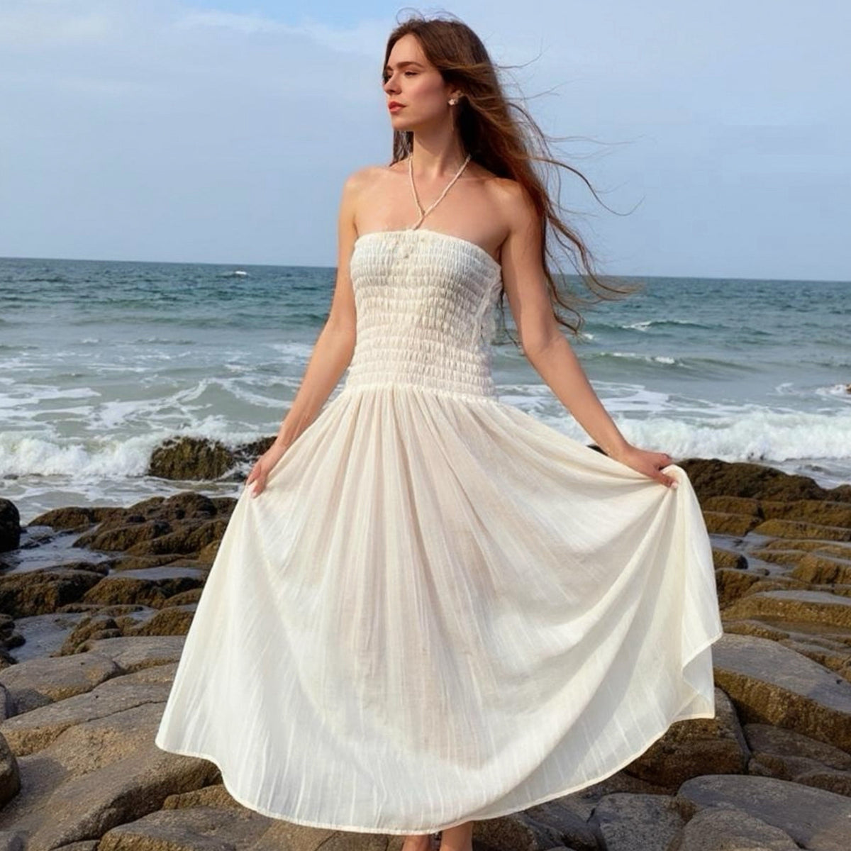 Sundance Cotton Smocked Maxi Dress | Off white Organic Cotton Dress - Bohemian Cotton Dress | Coco De Chom Sundance Cotton Smocked Maxi Dress | Off white Organic Cotton Dress - Bohemian Cotton Dress | Coco De Chom