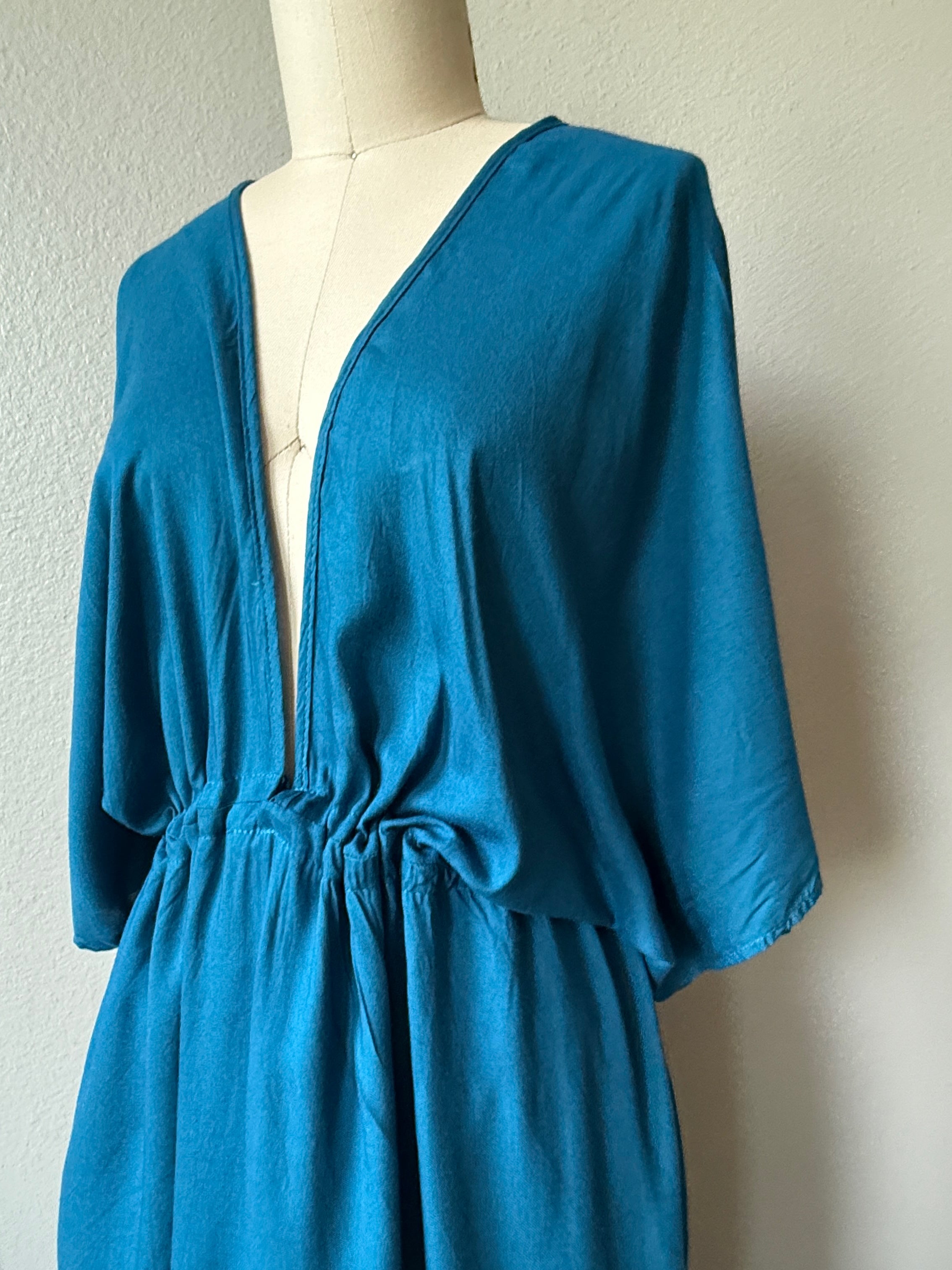 Teal blue kaftan dress, oversized beach cover up and plus size friendly resort maxi dress for beach vacation