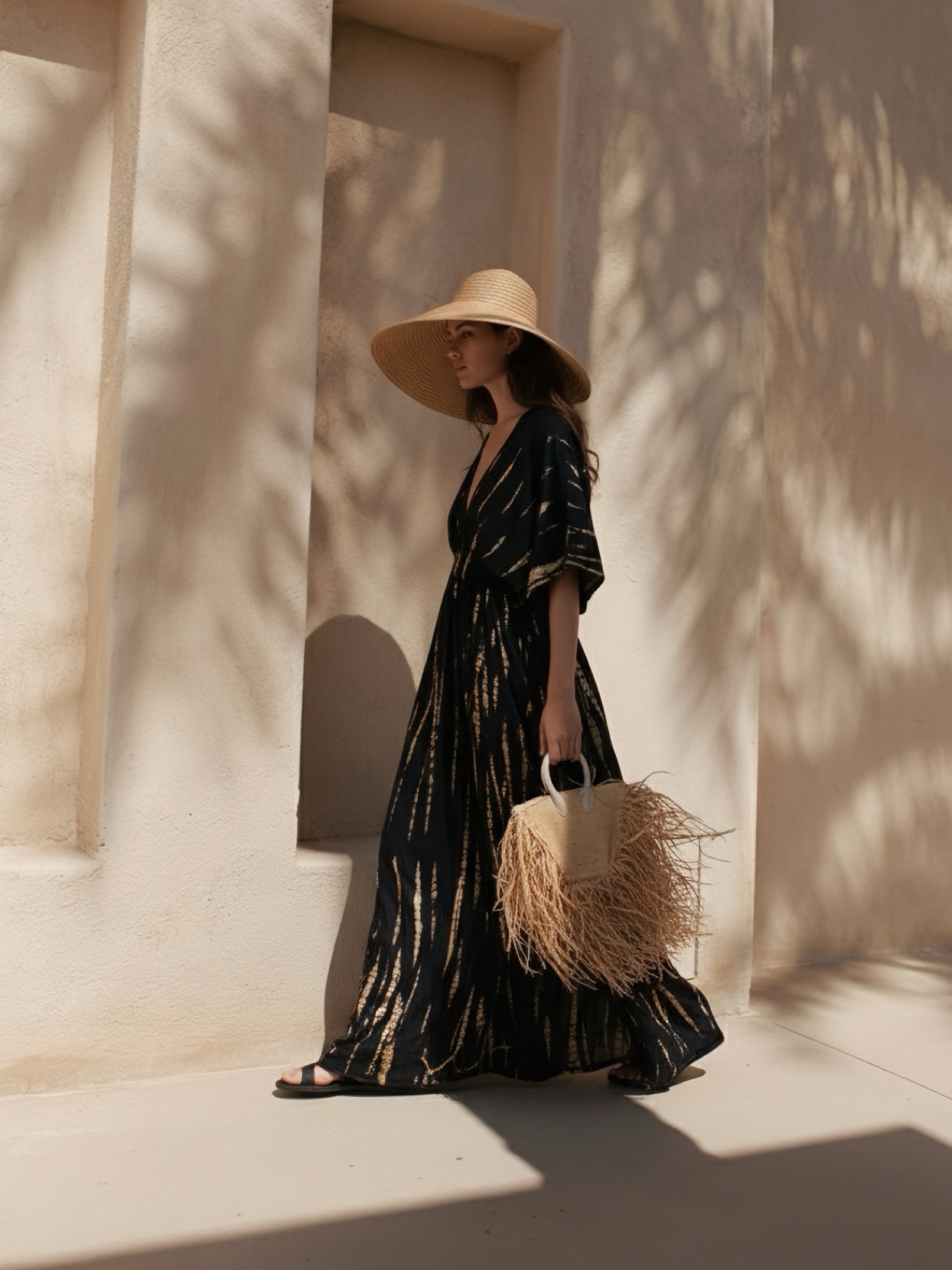 Black tie dye goddess kaftan maxi dress, boho resort wear beach dress, handmade tie dye kaftan gown with flowing silhouette, summer vacation outfit with straw hat