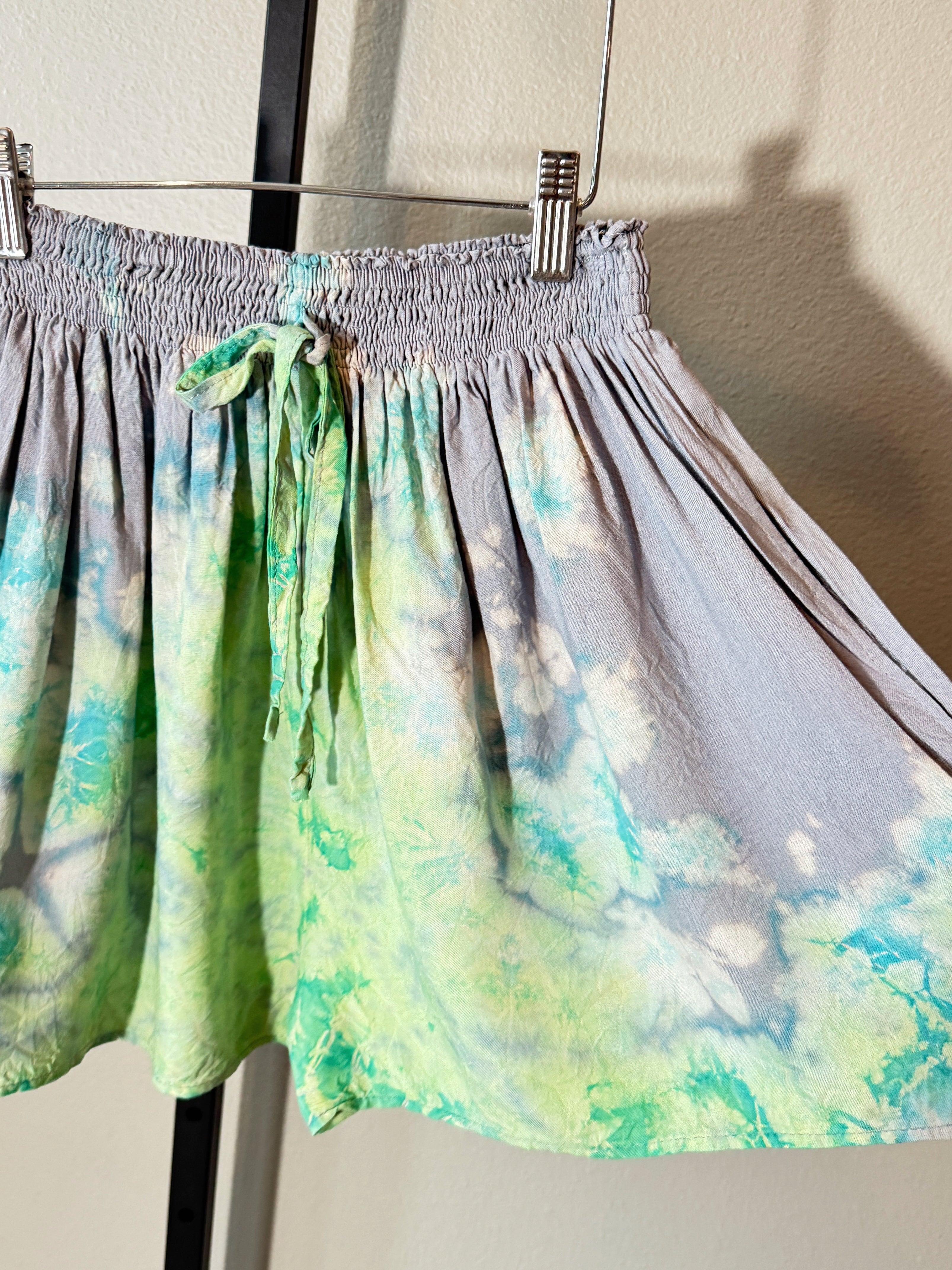 Seafoam teal tie-dye shorts with elastic waist and pockets, lightweight rayon beach cover-up shorts for vacation, resort wear, and summer outfits