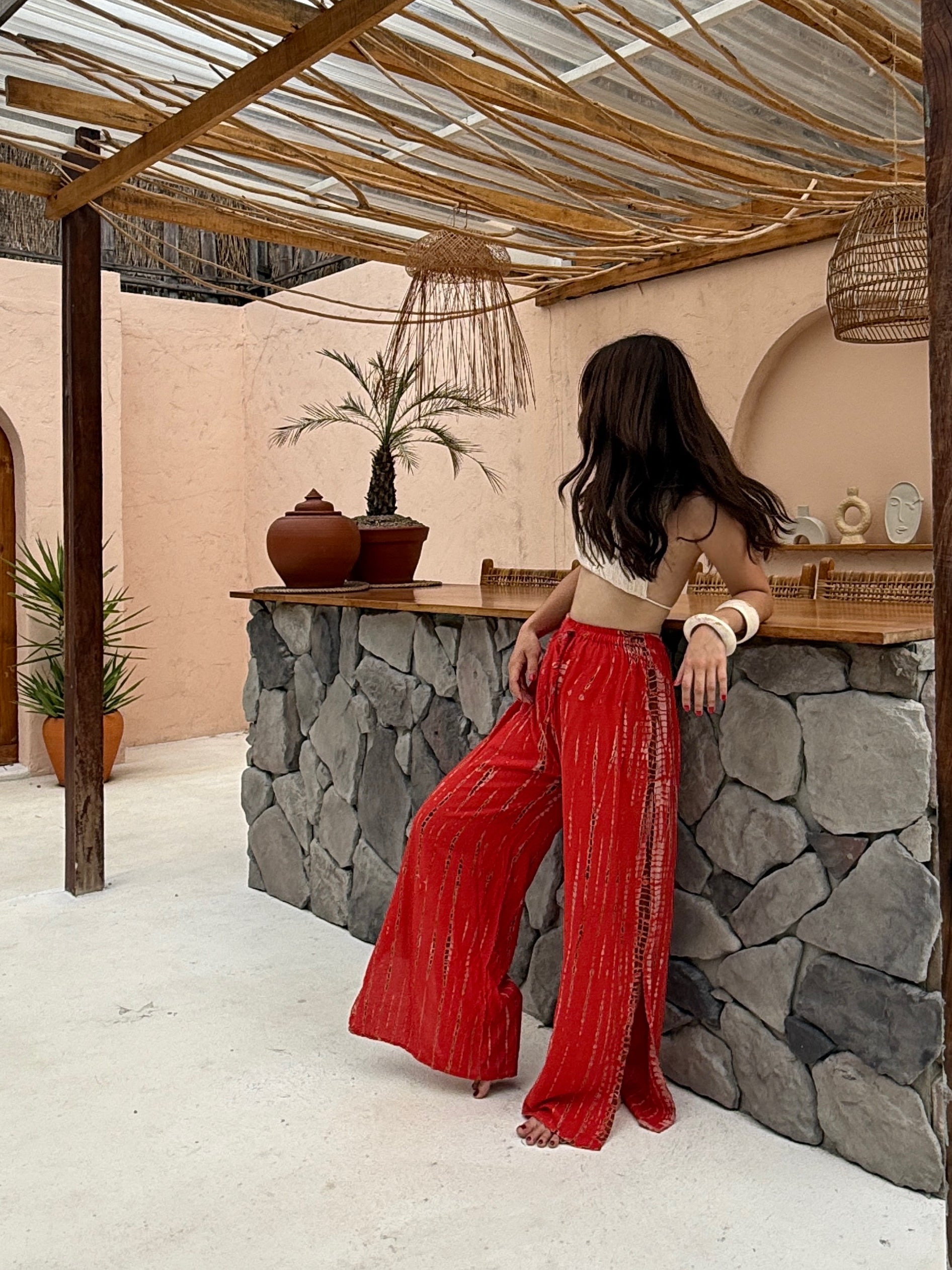 Summer Tie Dye Boho Pants – Wide Leg Pants - Red