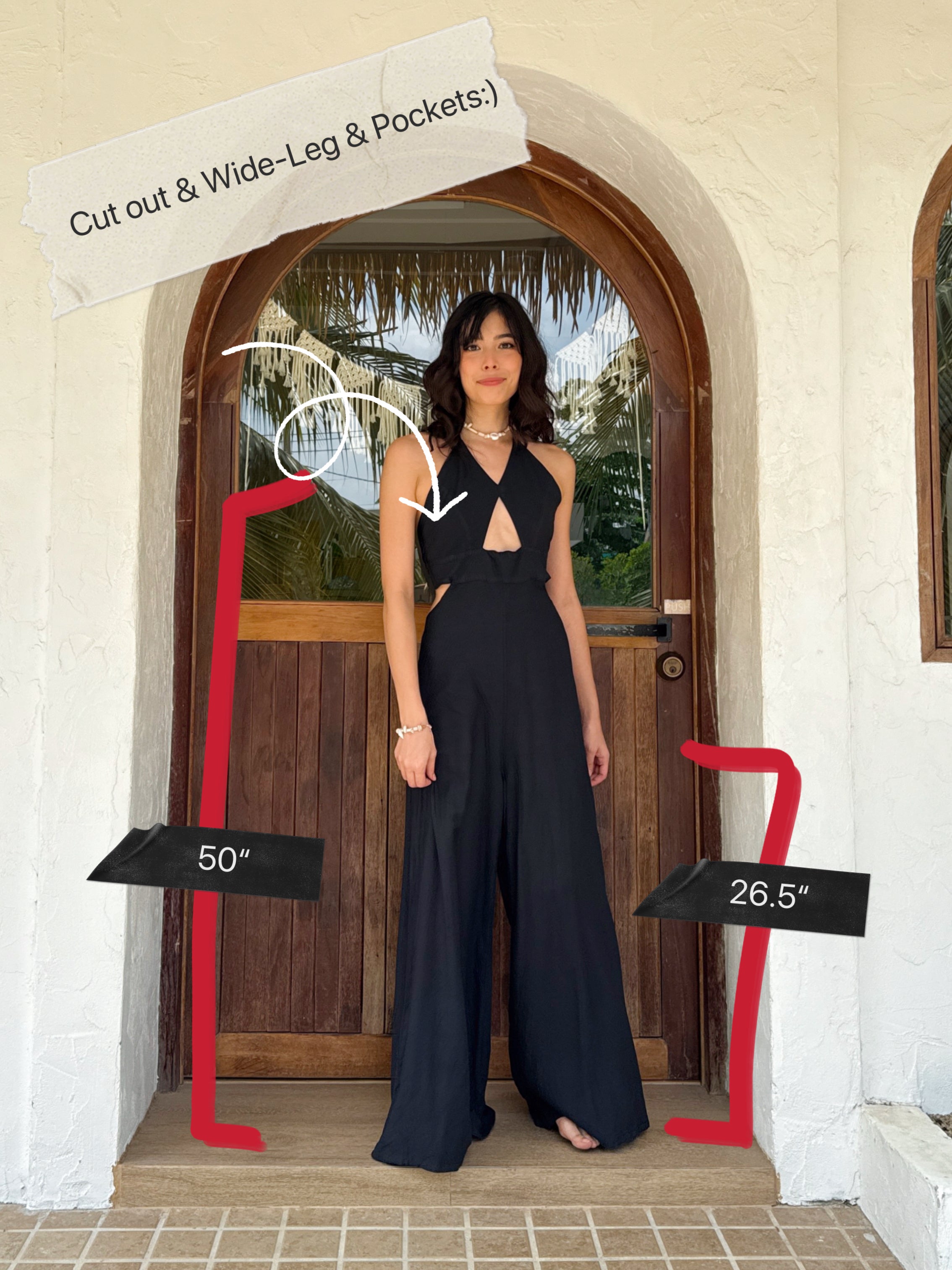 Close-up of waist cut-out detail and elastic band—hand-dyed summer jumpsuit with flowy silhouette.