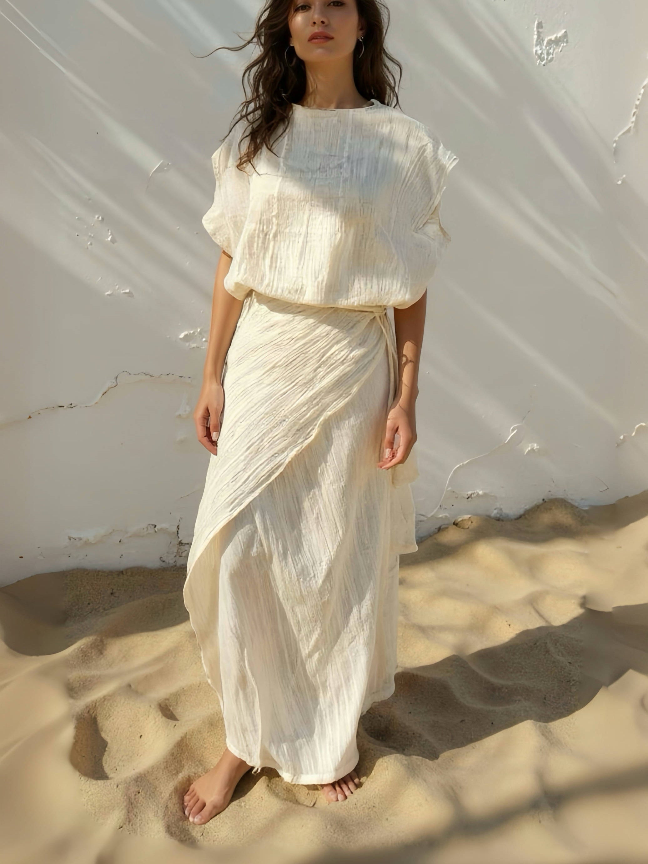 Convertible beach cover-up styled as wrap skirt in natural sunlight