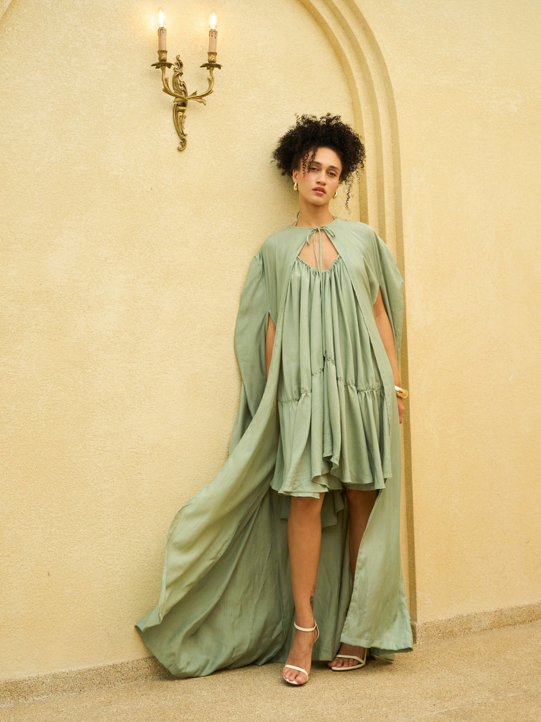 green emerald velvet dress SELENA Long Dress Goddess Sage Green Maxi Open Back Cotton – AJJAYA