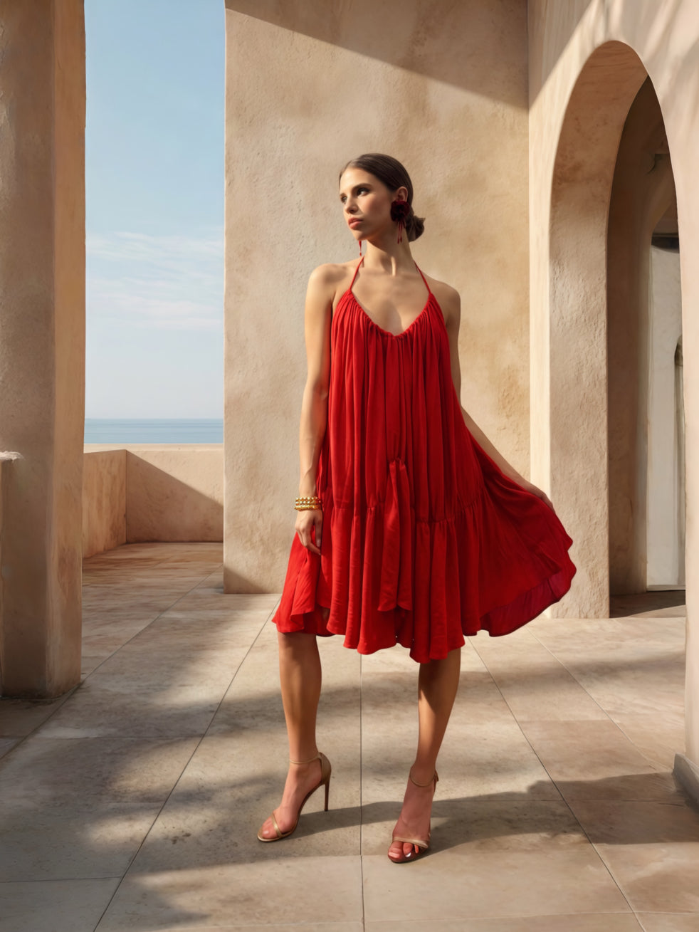 Flowy Red Mini Dress with Cape | Beach Wedding Guest & Resort Wear | COCO DE CHOM Flowy Red Mini Dress with Cape | Beach Wedding Guest & Resort Wear | COCO DE CHOM