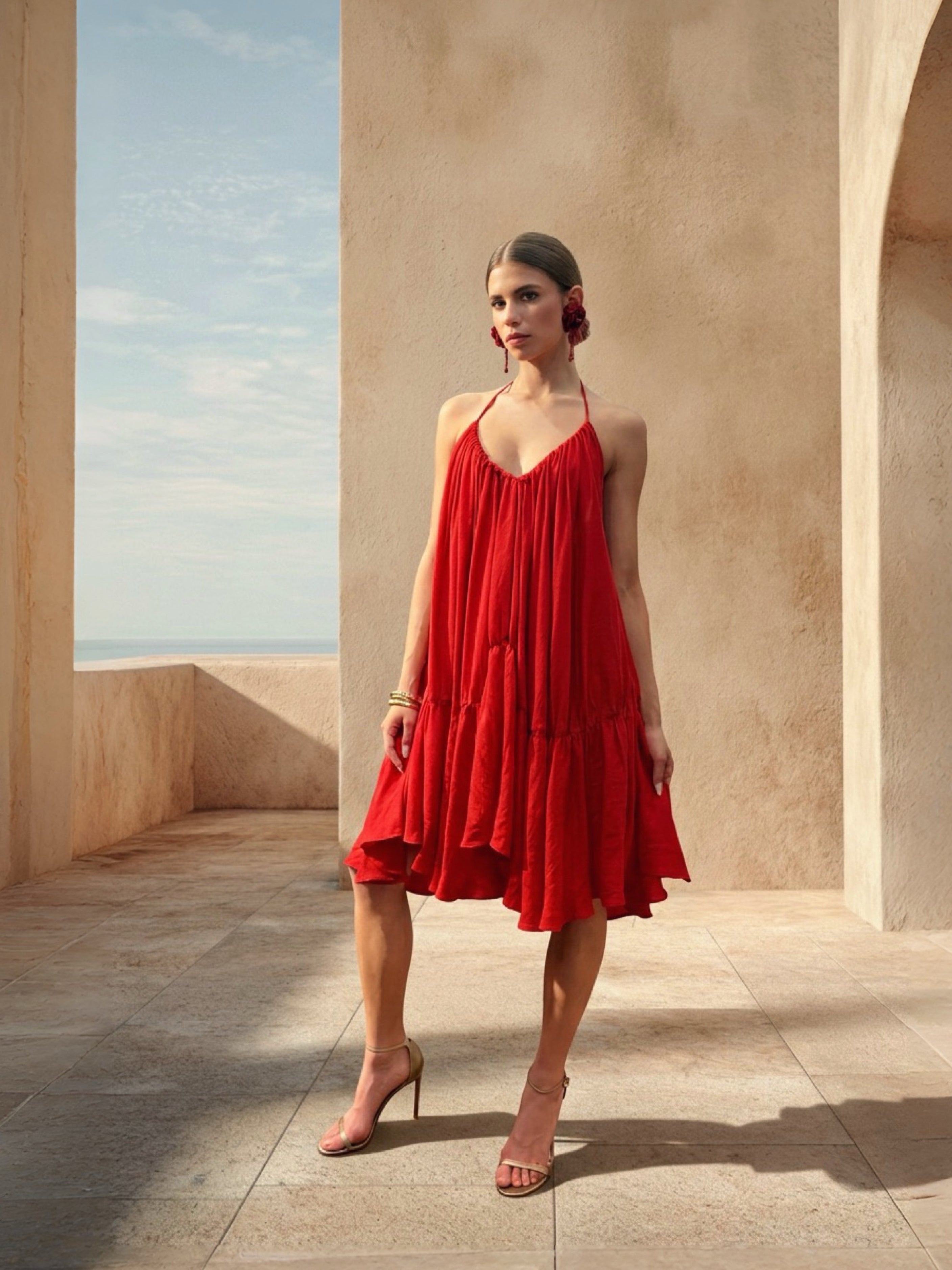 red mini sun dress Flowy Red Mini Dress with Cape | Beach Wedding Guest & Resort Wear