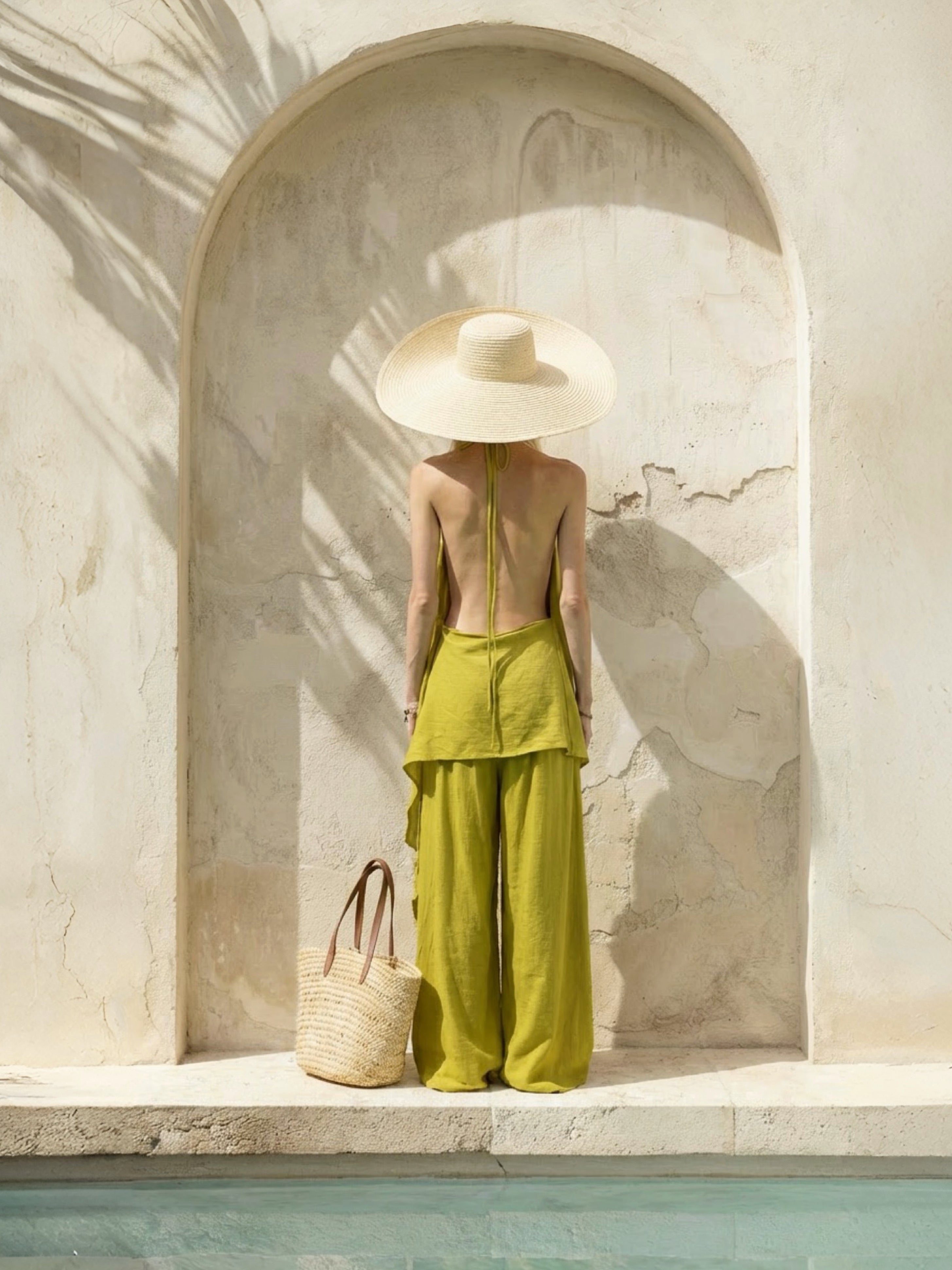 Woman in a lime beach cover up top with wide leg pants , look resort outfit with a wide-brimmed hat standing in front of a stone archway.