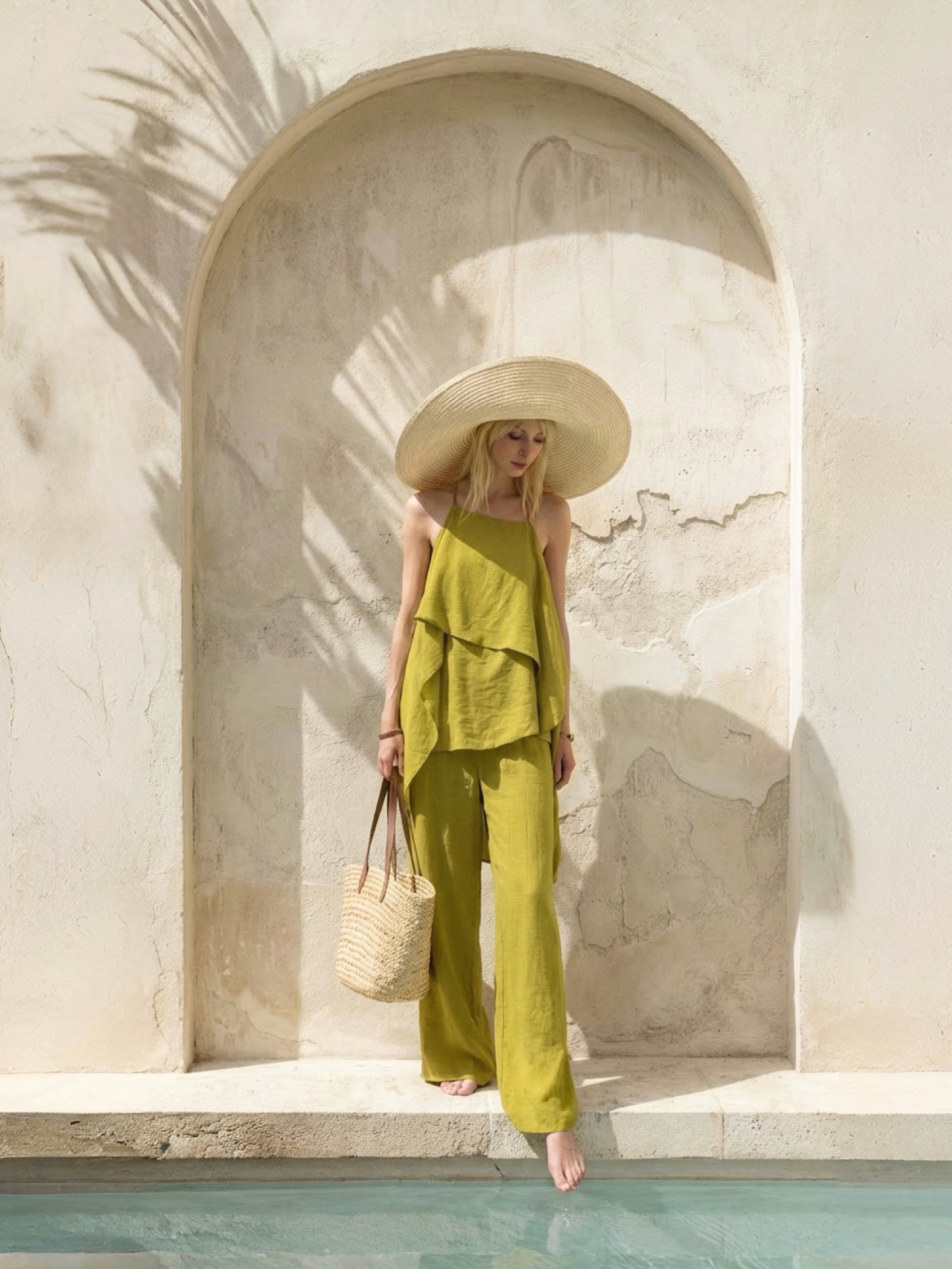 Woman in a lime beach cover up top with wide leg pants , look resort outfit with a wide-brimmed hat standing in front of a stone archway.