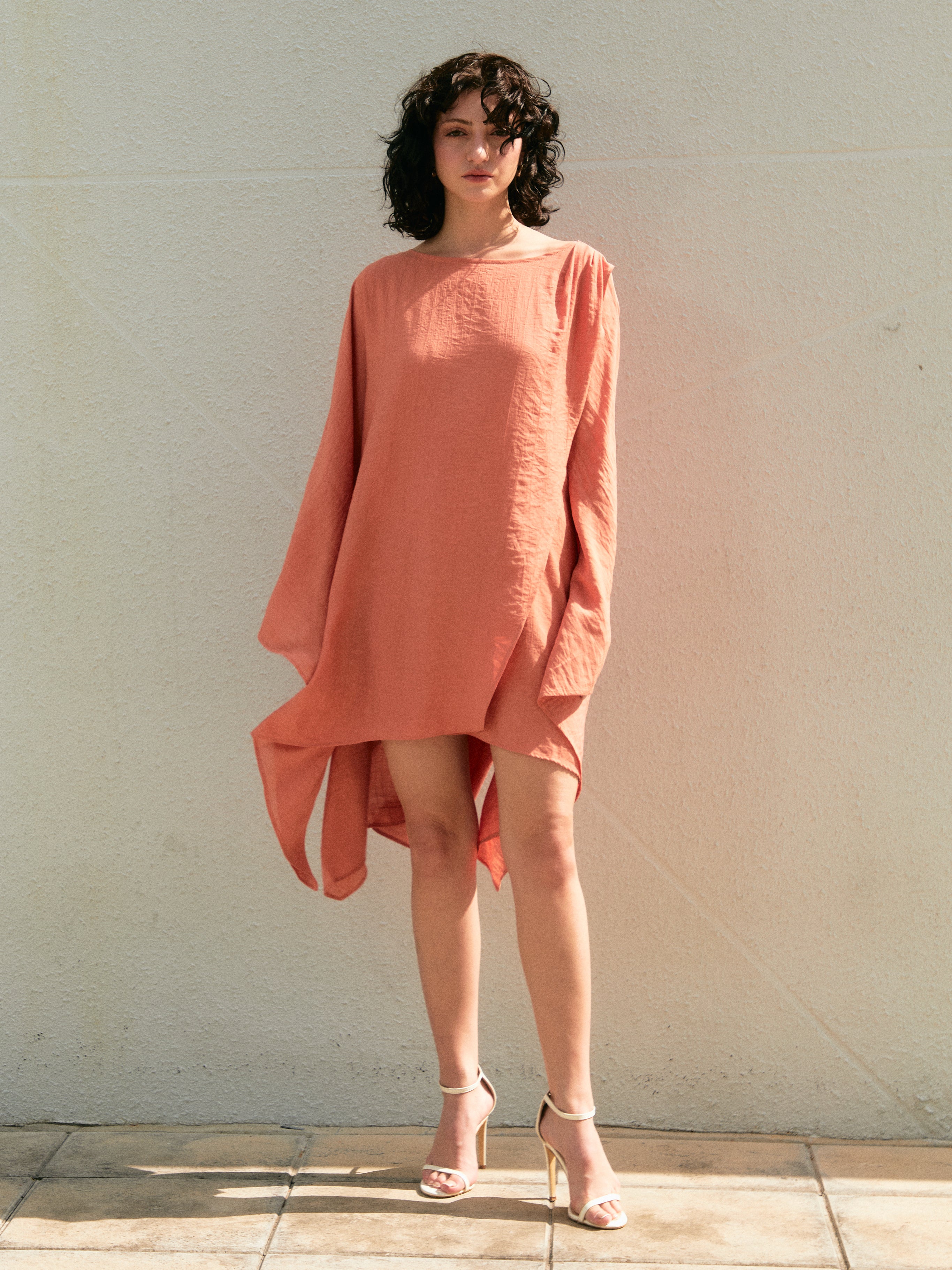 	1	Coral boho resort kaftan top, 3-in-1 styling as tunic top or mini dress, one size beach cover up with flattering flowy fit

