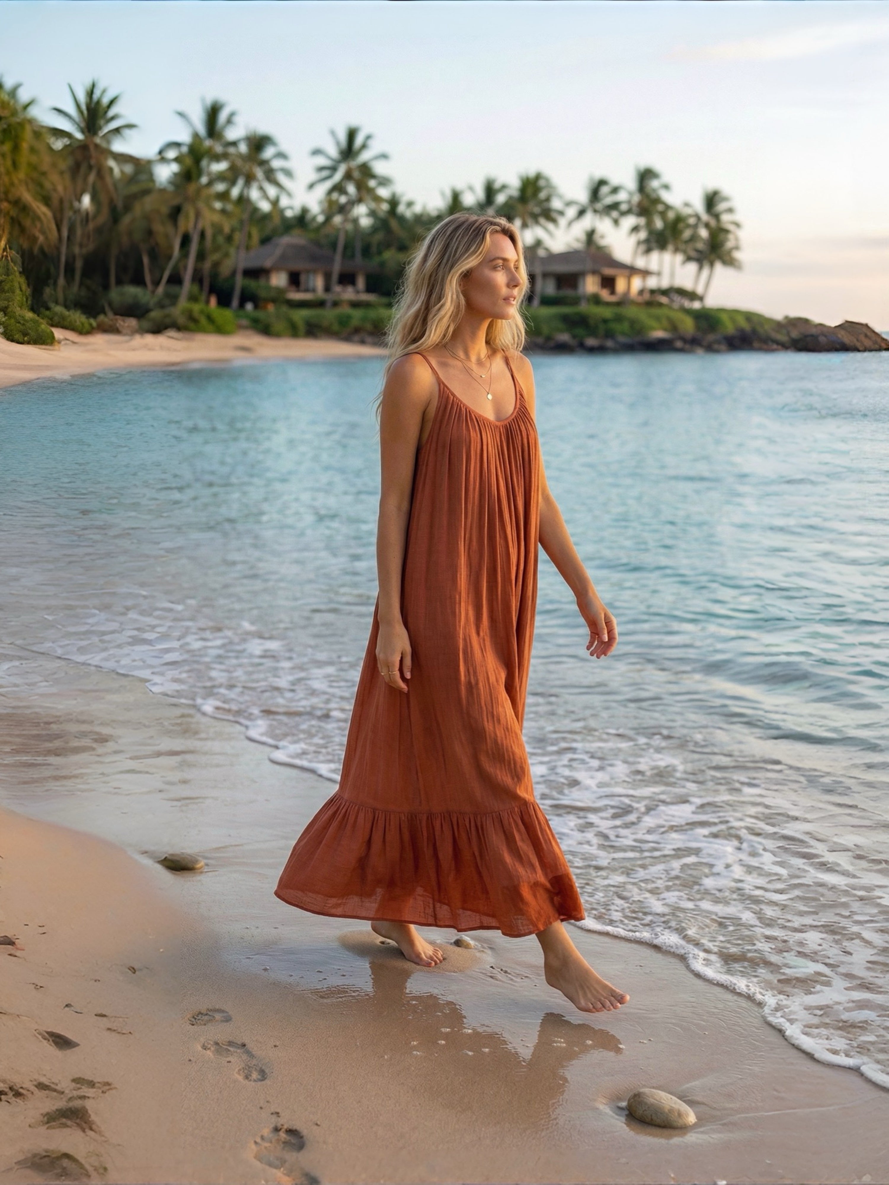 A person wearing a rust backless maxi dress with tie-shoulder design and ruffle hem detailing, standing on a pathway in a tropical resort setting.
