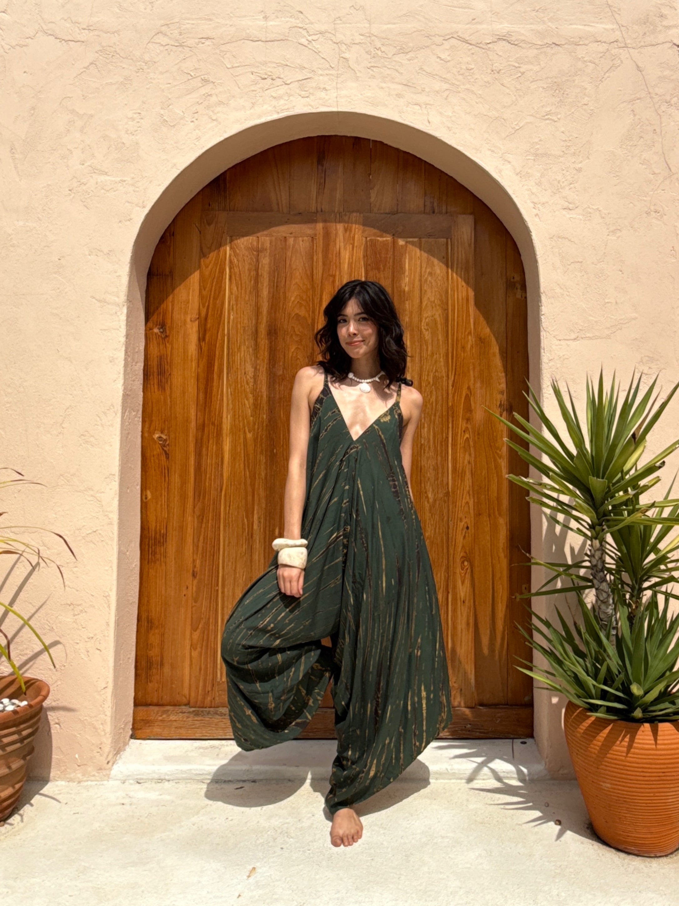 Thara Tie Dye Jumpsuit in Green – Boho Yoga Jumpsuit with V-Neckline, Loose Fit, Oversized Style, Lightweight Cotton One-Piece for Festival, Lounge, and Resort Wear