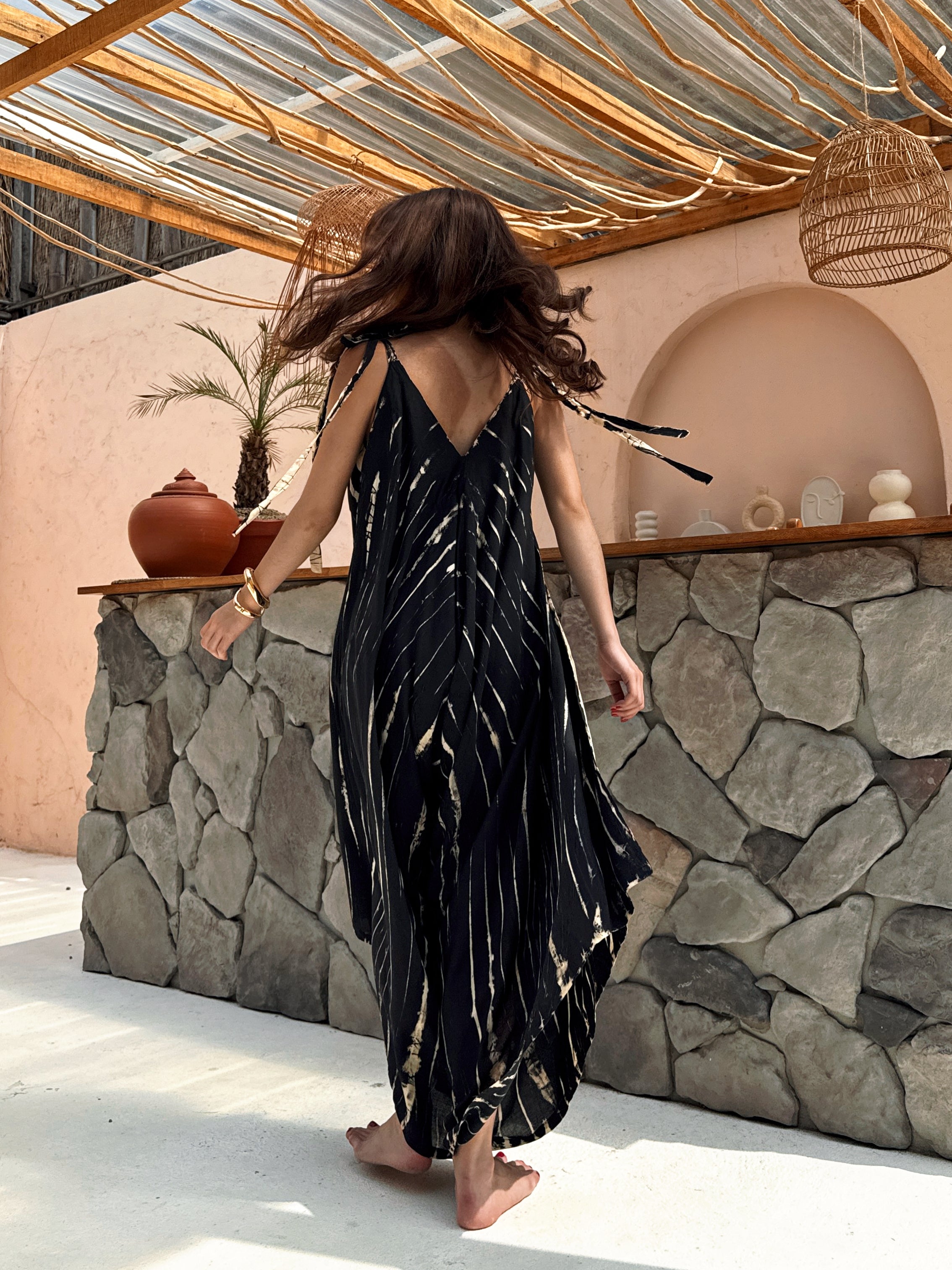 Thara Tie Dye Jumpsuit in black – Boho Yoga Jumpsuit with V-Neckline, Loose Fit, Oversized Style, Lightweight Cotton One-Piece for Festival, Lounge, and Resort Wear