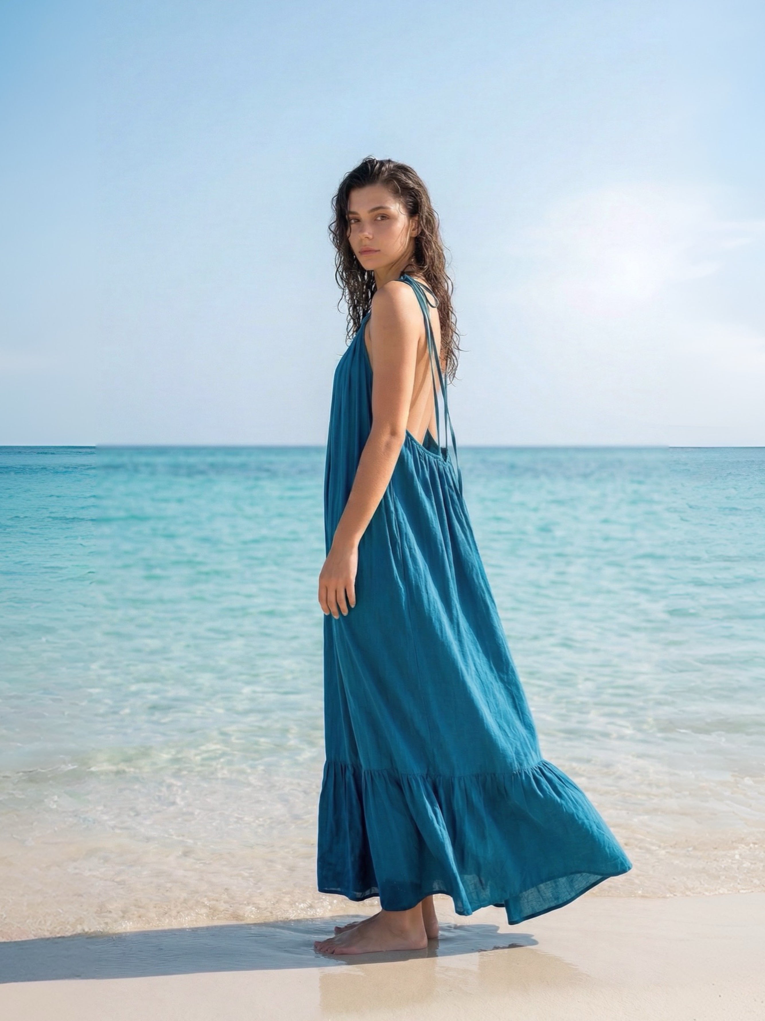 Mali Open Back Maxi Dress in Blue Turquoise