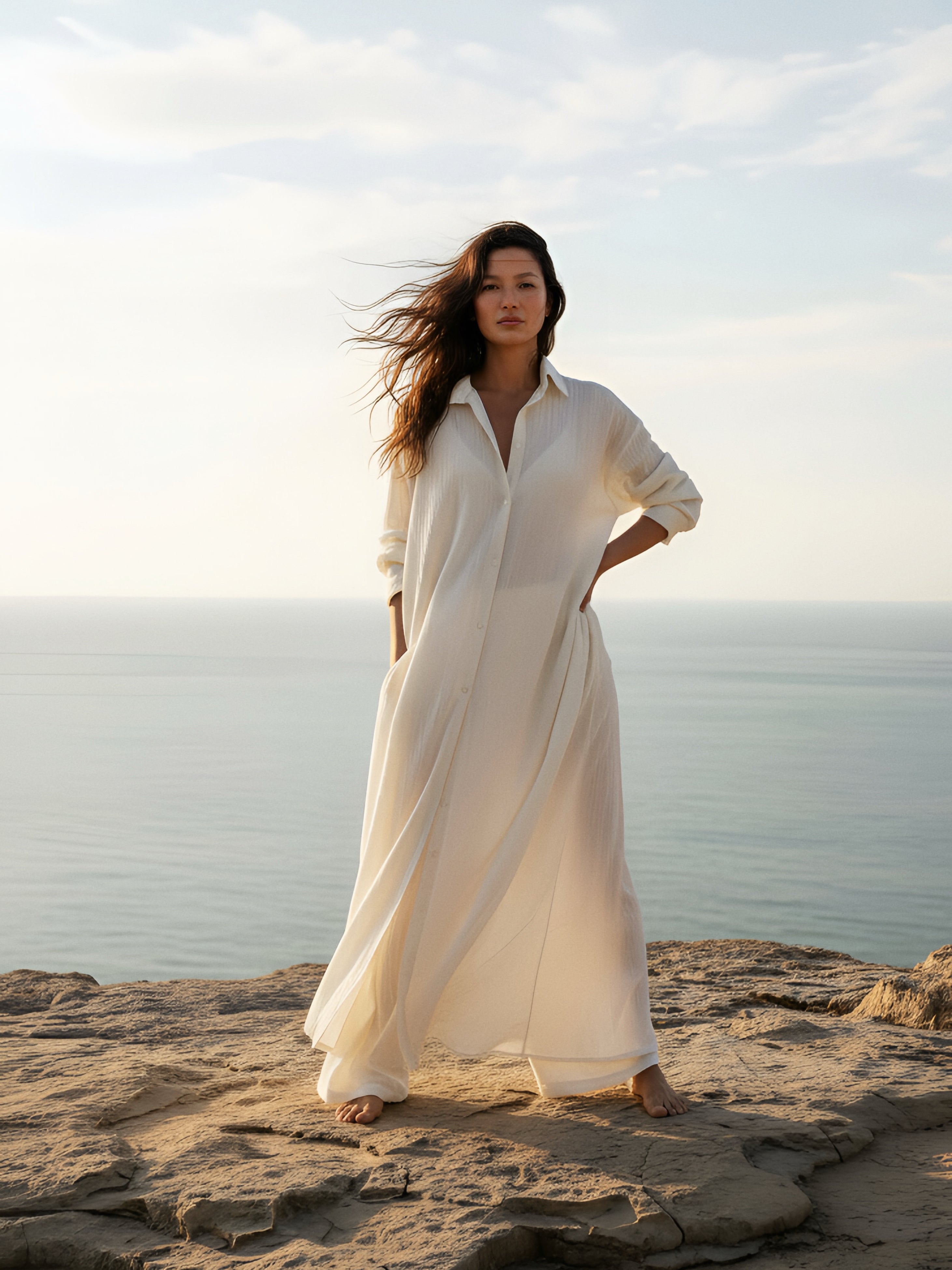 Woman in an Organic cotton shirt dress worn as a boho beach cover up, button down maxi dress in natural cotton, oversized style standing on a cliff overlooking the ocean.