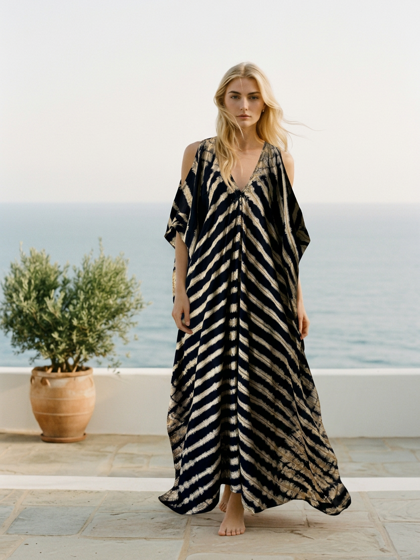 Shop Tie dye V Neck Kaftan Dress - Boho long kaftan tie dye, Casual Loose fit Resort Dress - Black Bohemian Long Kaftan | Coco De Chom