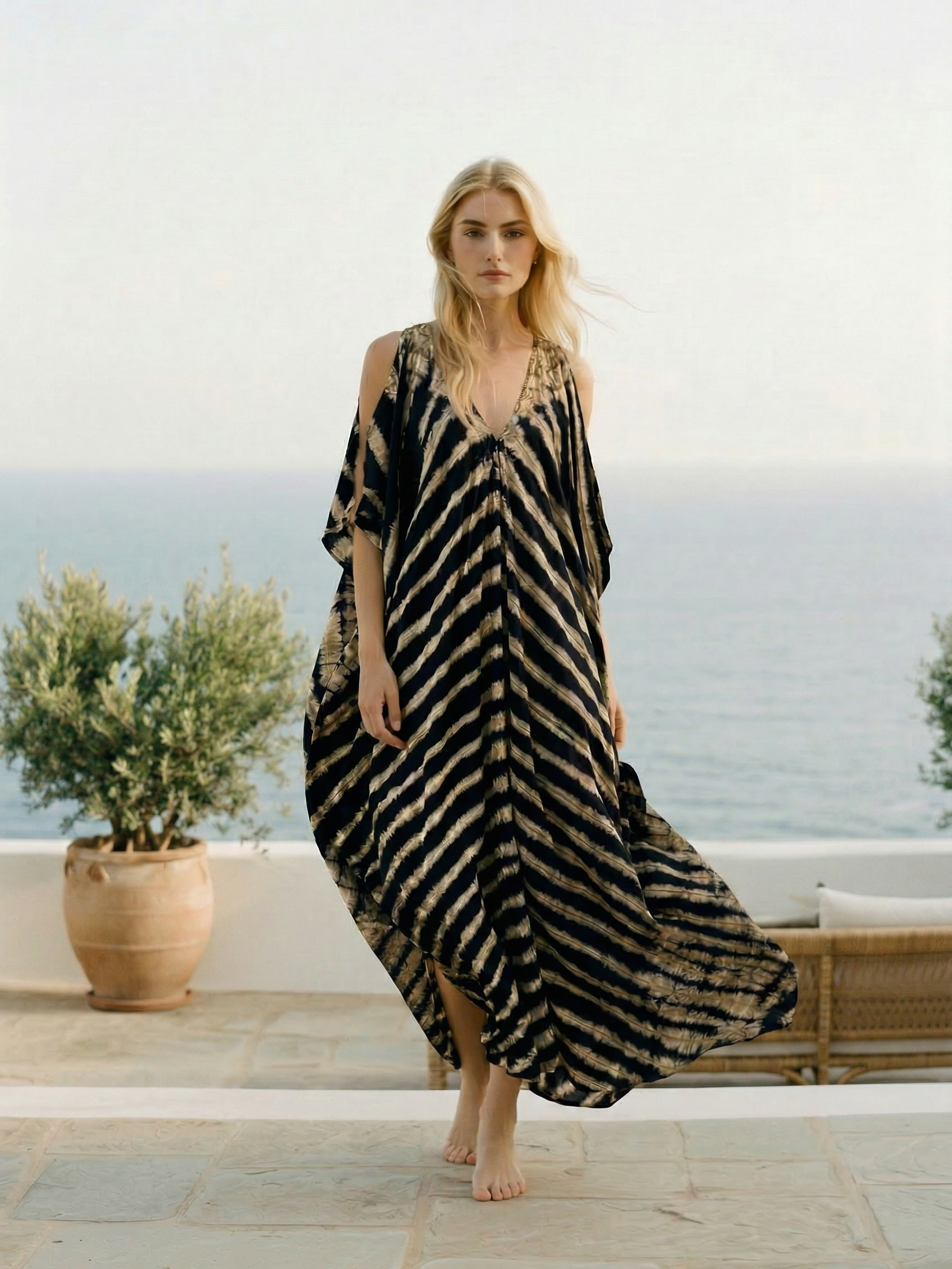 Tie dye V Neck Kaftan Dress - Casual Loose fit Resort Dress - Bohemian Long Kaftan Zebra | Coco De Chom Tie dye V Neck Kaftan Dress - Casual Loose fit Resort Dress - Bohemian Long Kaftan Zebra | Coco De Chom