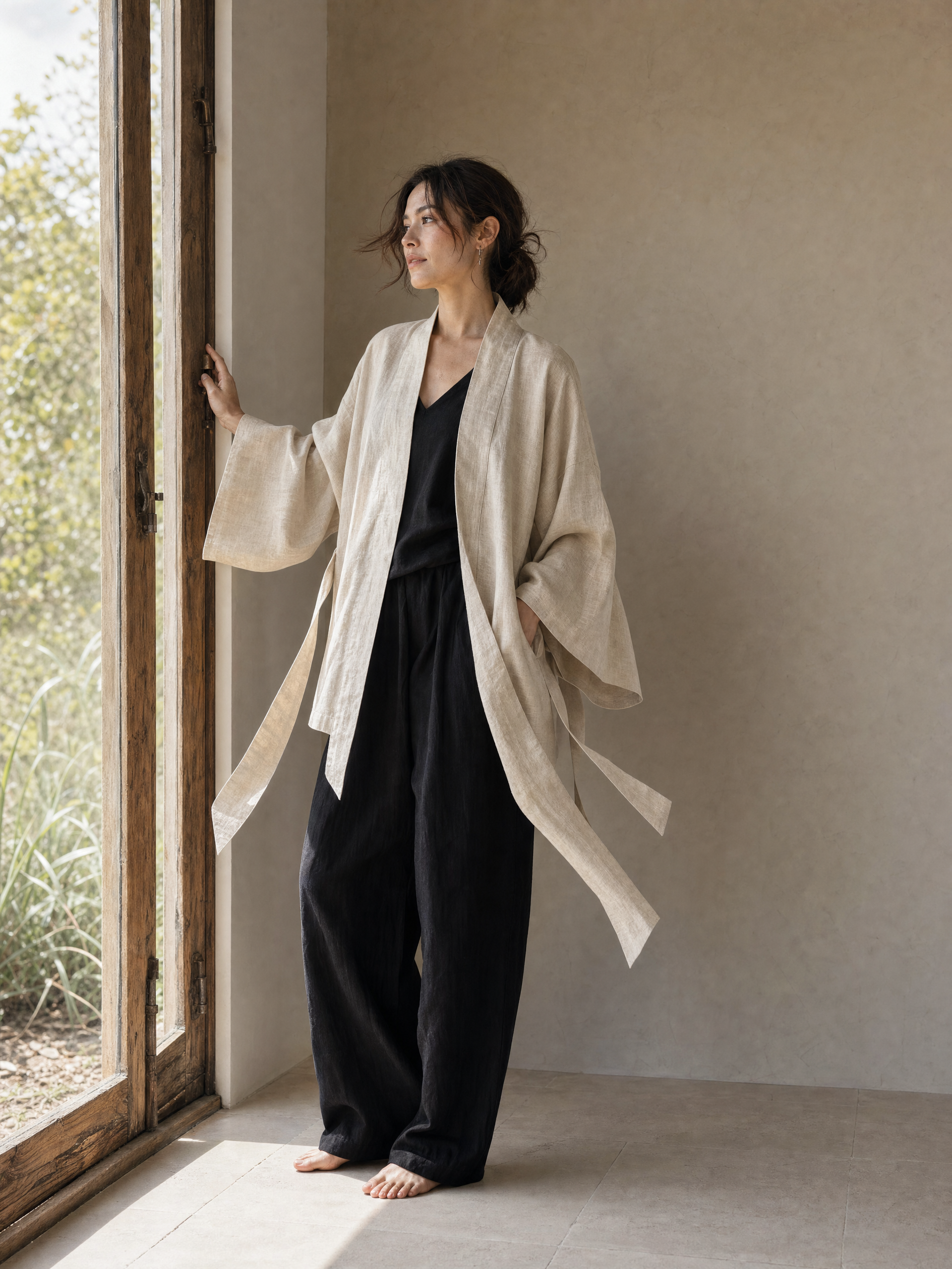 A woman stands barefoot indoors by a large window, wearing a loose beige  linen kimono robe over a black outfit. The room has a warm neutral plaster wall and tiled floor.