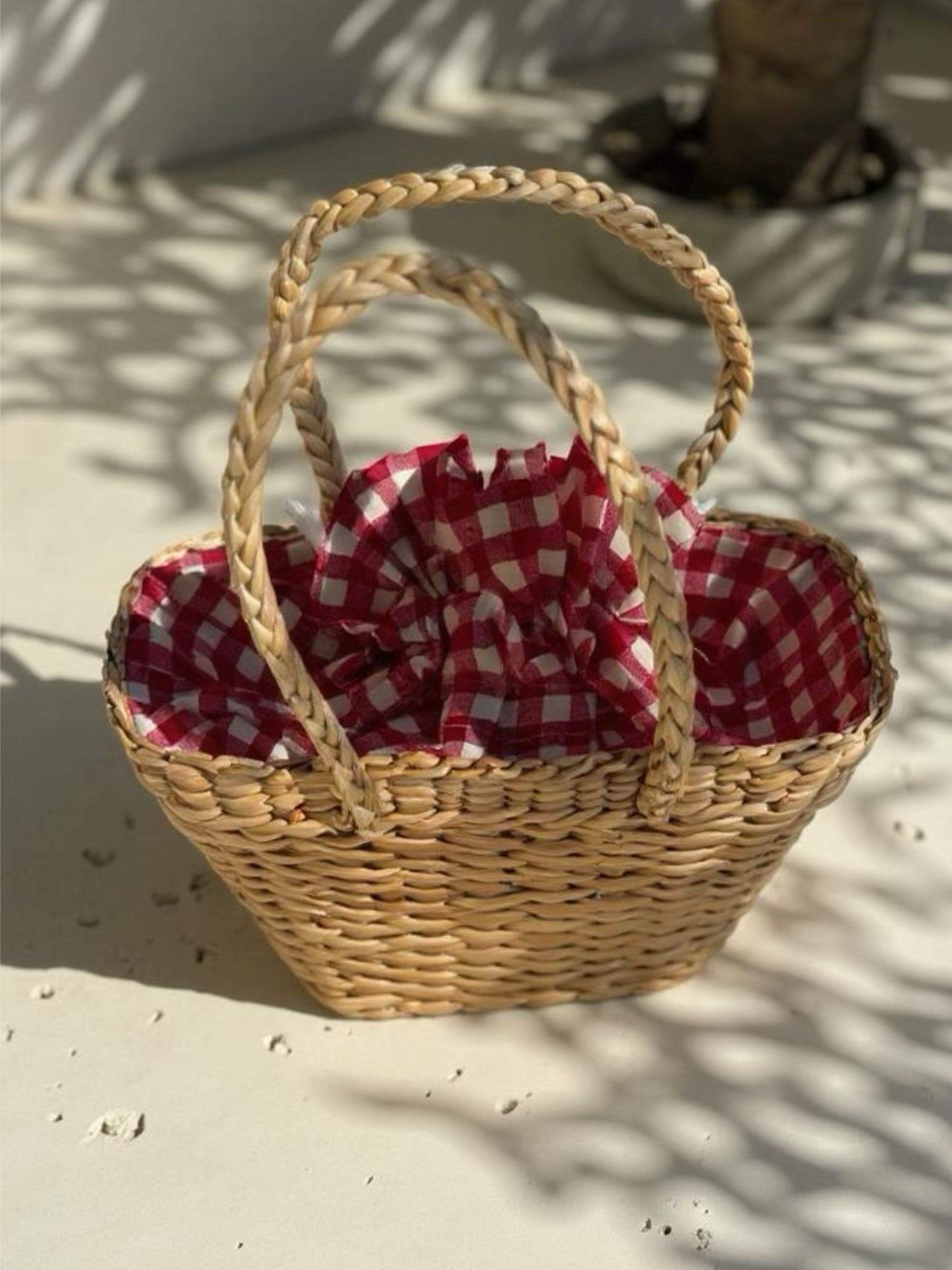 Handwoven straw mini tote bag with red gingham lining