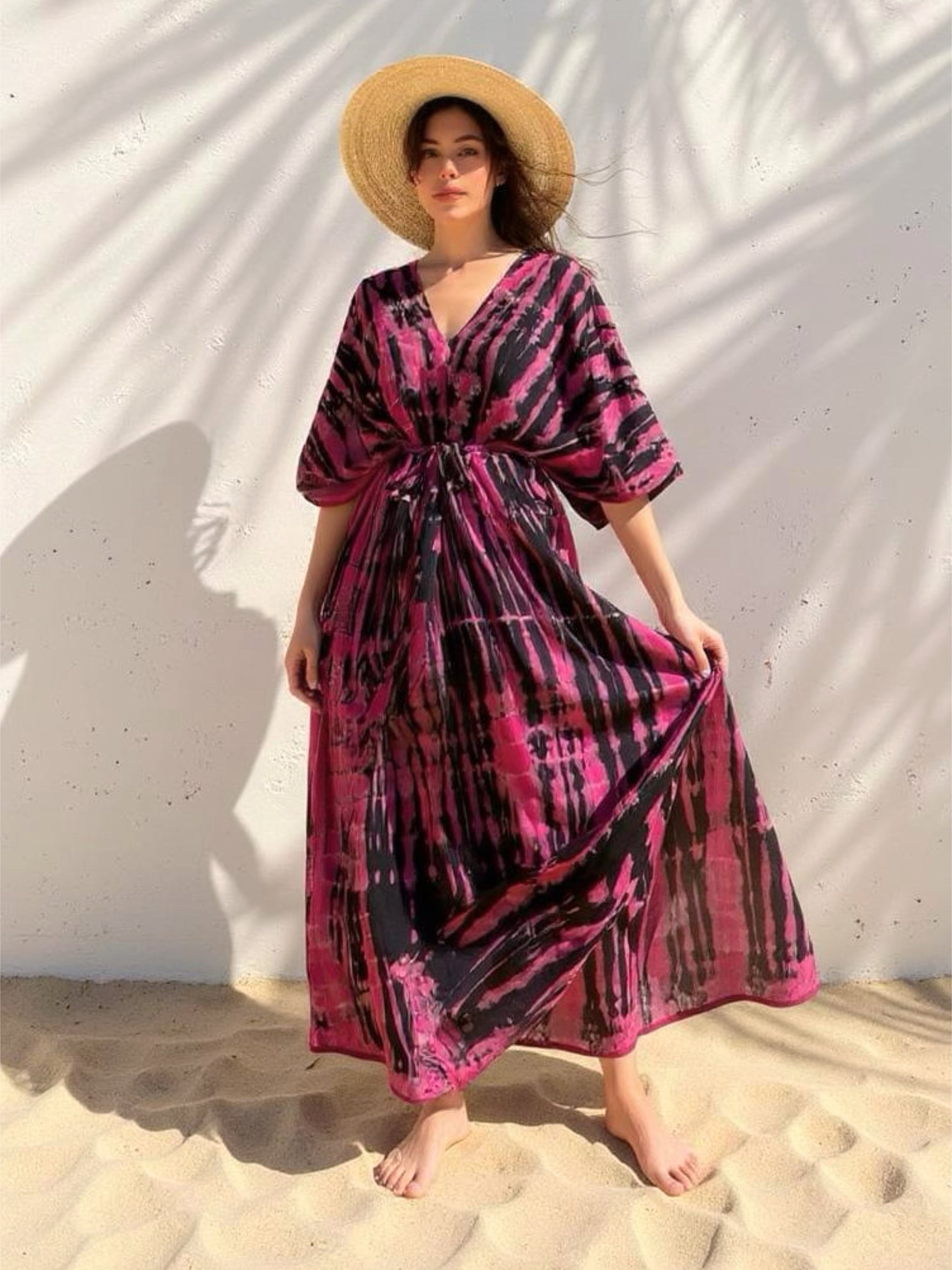 Shop Boho Tie Dye Kaftan, Oversized Caftan in hot pink, Maxi Kaftan in tie dye, all handmade with love with Coco de chom