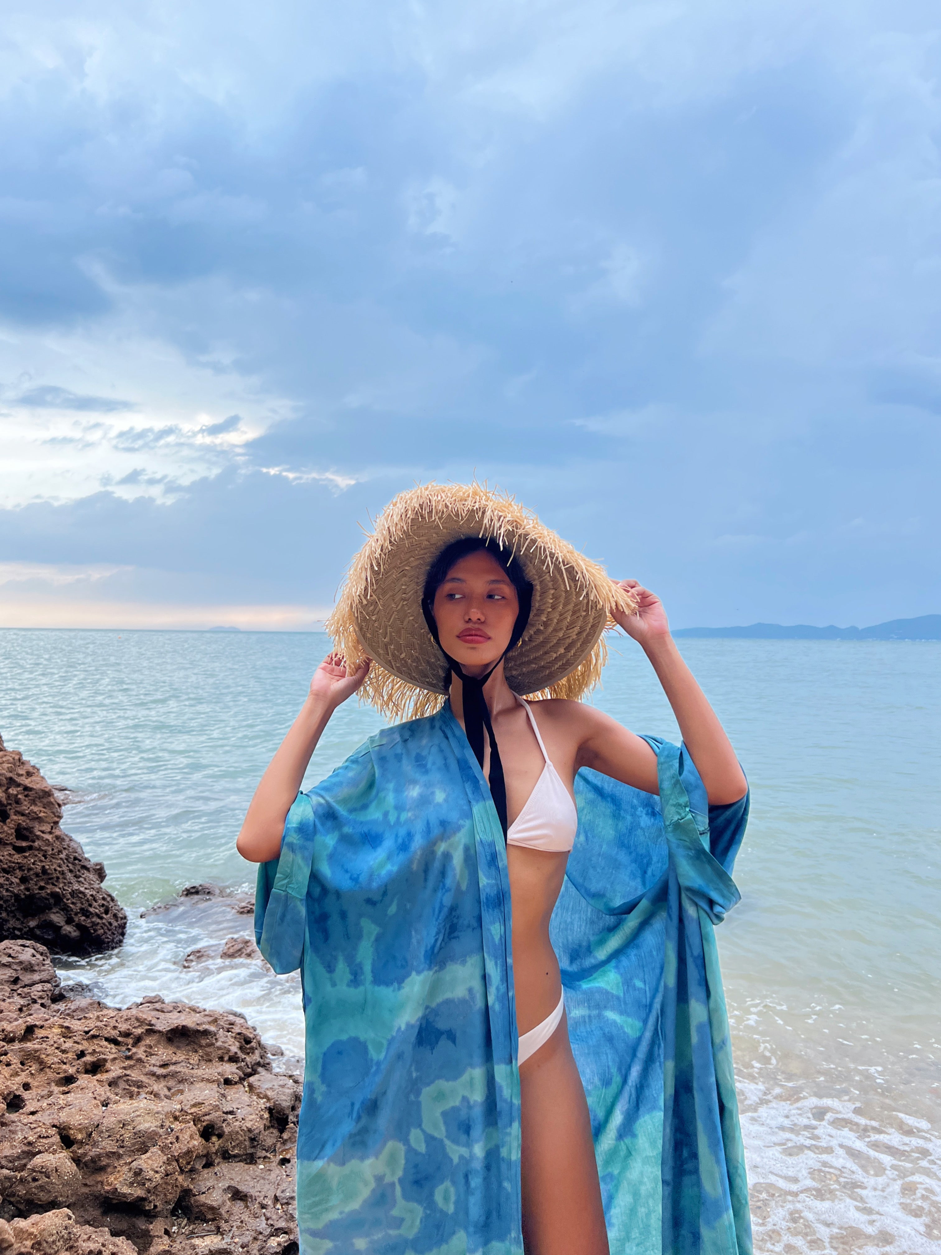 Shop Oversized Unisex Tie dye kimono robe in blue, boho beach coverup, perfect for vacation or everyday wear, this product is handmade with love by Coco de Chom.