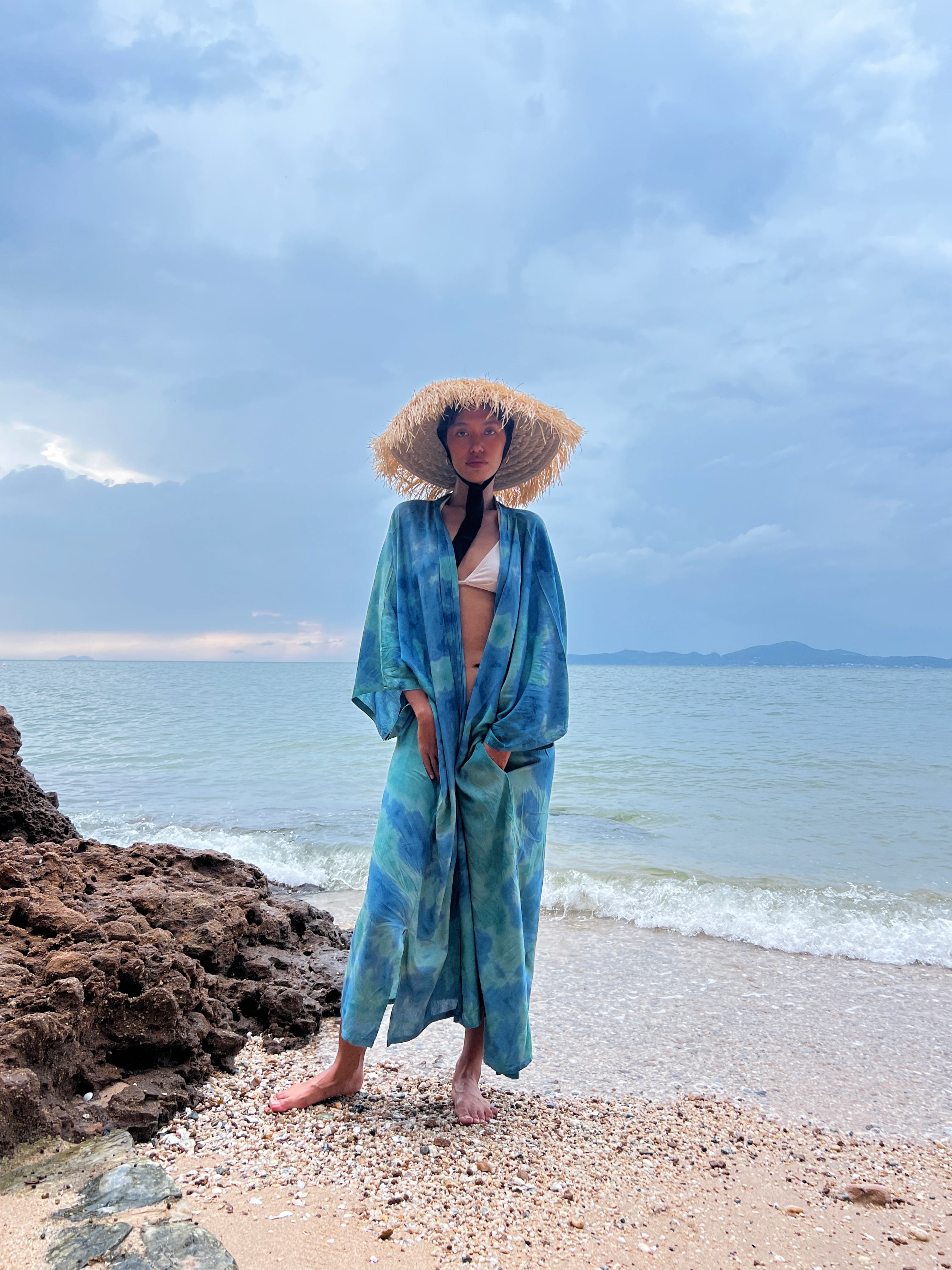 Shop Oversized Unisex Tie dye kimono robe in blue, boho beach coverup, perfect for vacation or everyday wear, this product is handmade with love by Coco de Chom.