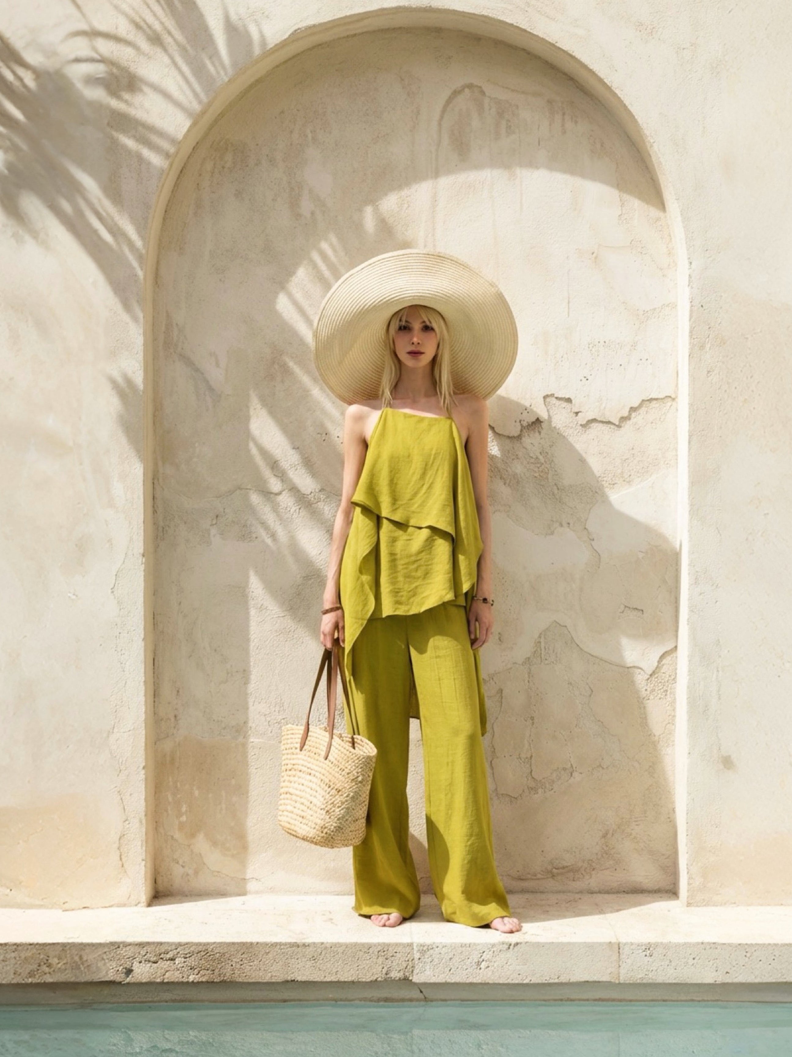 Woman in a lime beach cover up top with wide leg pants , look resort outfit with a wide-brimmed hat standing in front of a stone archway.