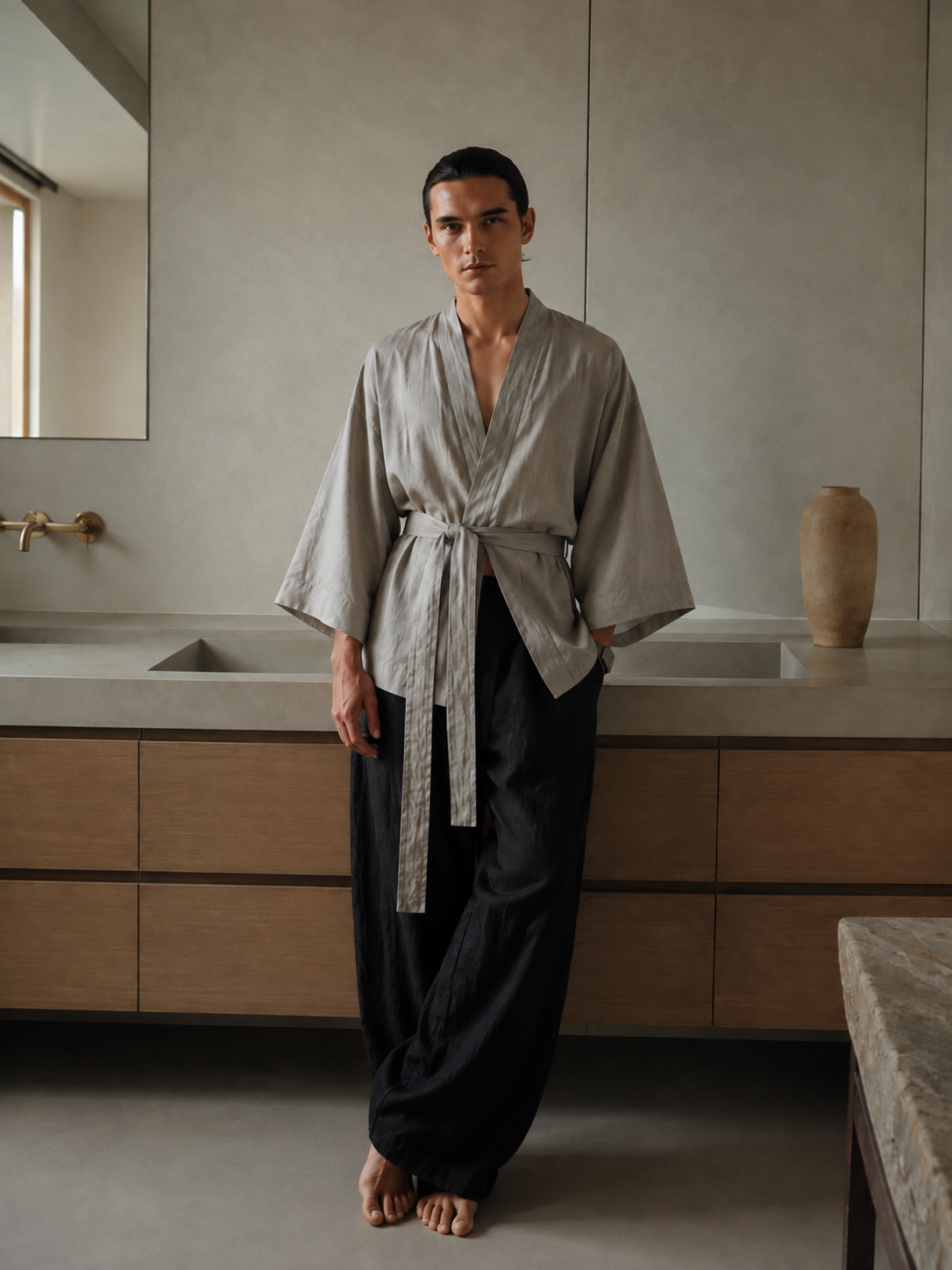 Natural gray linen kimono jacket with oversized wrap fit, wide sleeves, pockets, and removable waist tie, styled as a resort robe and everyday linen layer.