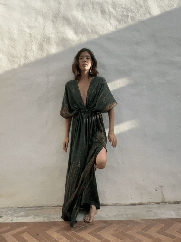 Green Goddess Tie-Dye Kaftan Maxi Dress: A captivating, airy long kaftan that ignites dreams of wind in your hair, the gentle sounds of ocean waves, and the sand beneath your feet. The perfect choice for a beach cover-up, beach dress, or resort dress on your vacation.