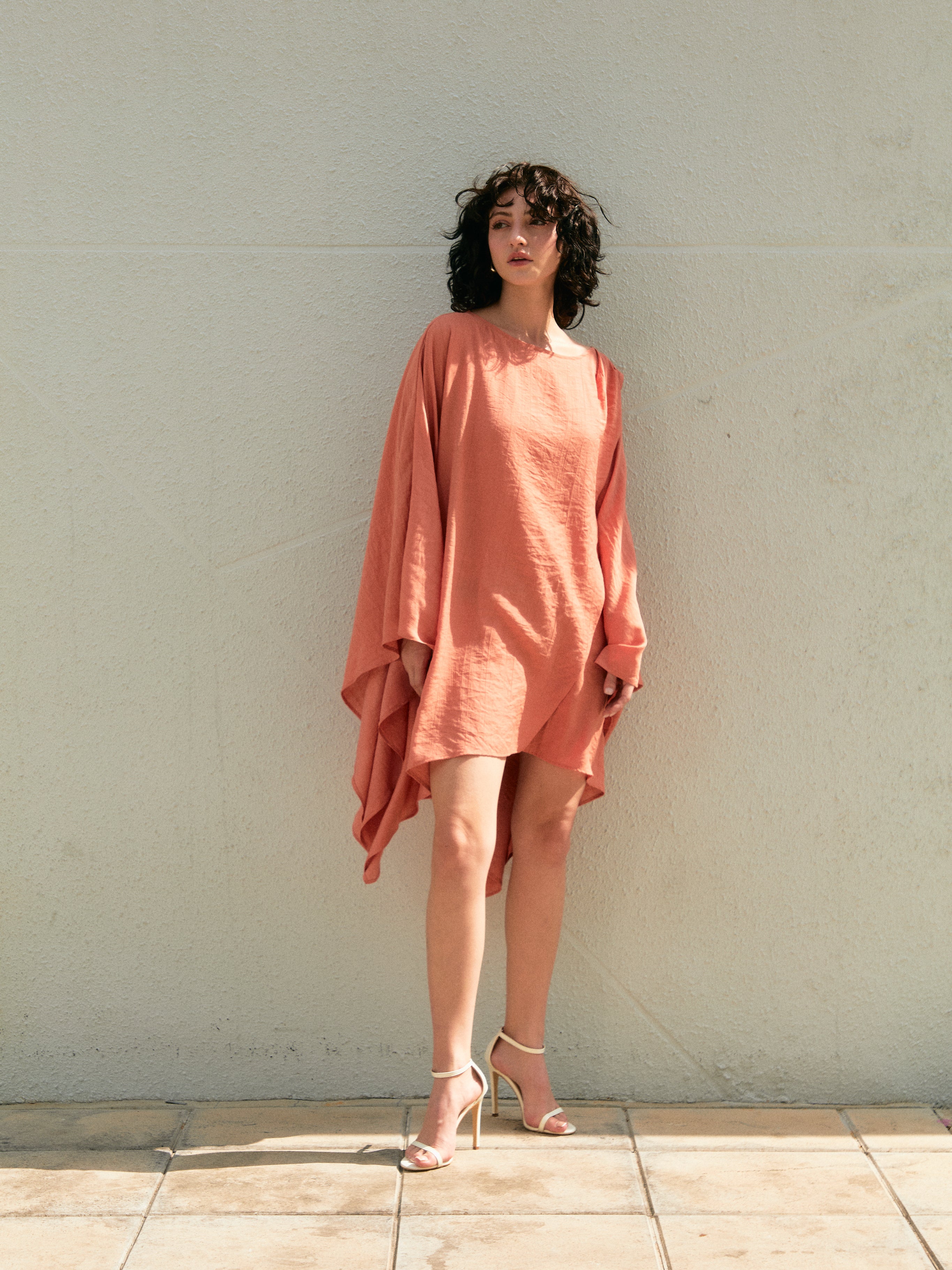 Coral swim cover up mini kaftan dress top, flowy oversized tunic for beach and pool, airy drape with long sleeves and high low hem