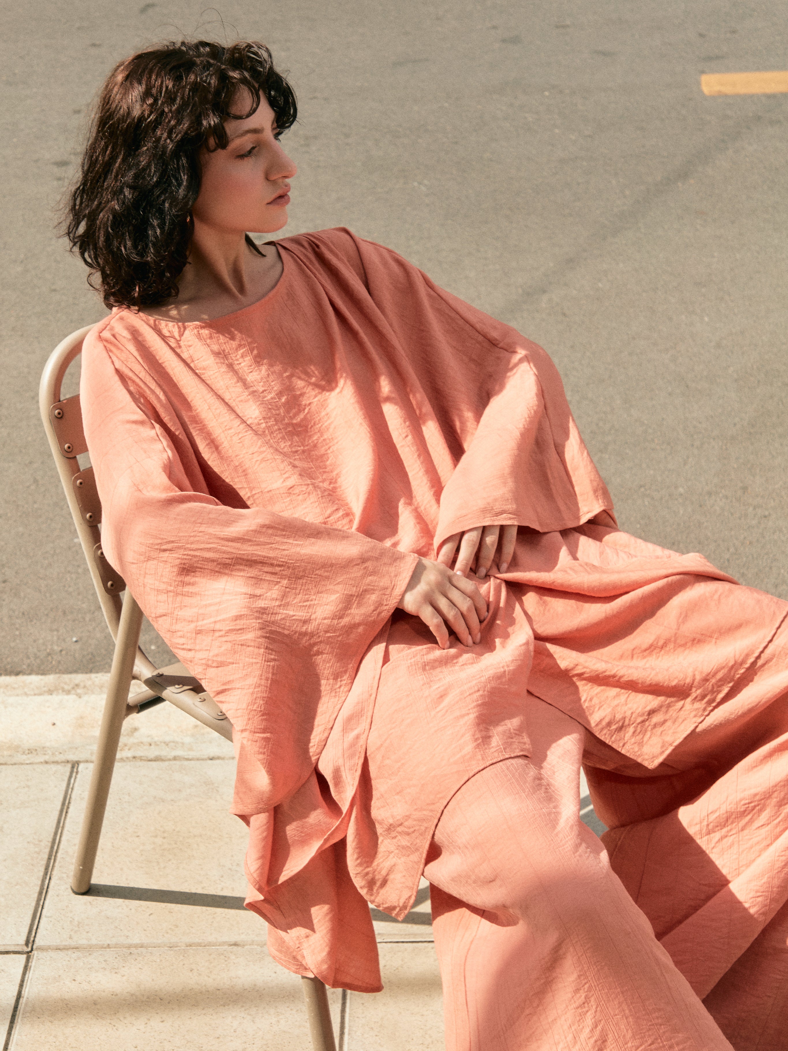 Coral boho resort kaftan top, 3-in-1 styling as tunic top or mini dress, one size beach cover up with flattering flowy fit

