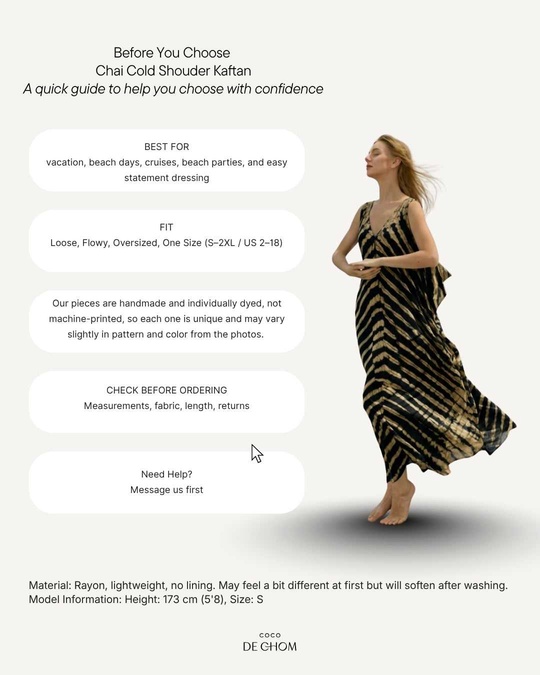 Woman wearing a black tie dye kaftan dress with text on a white background