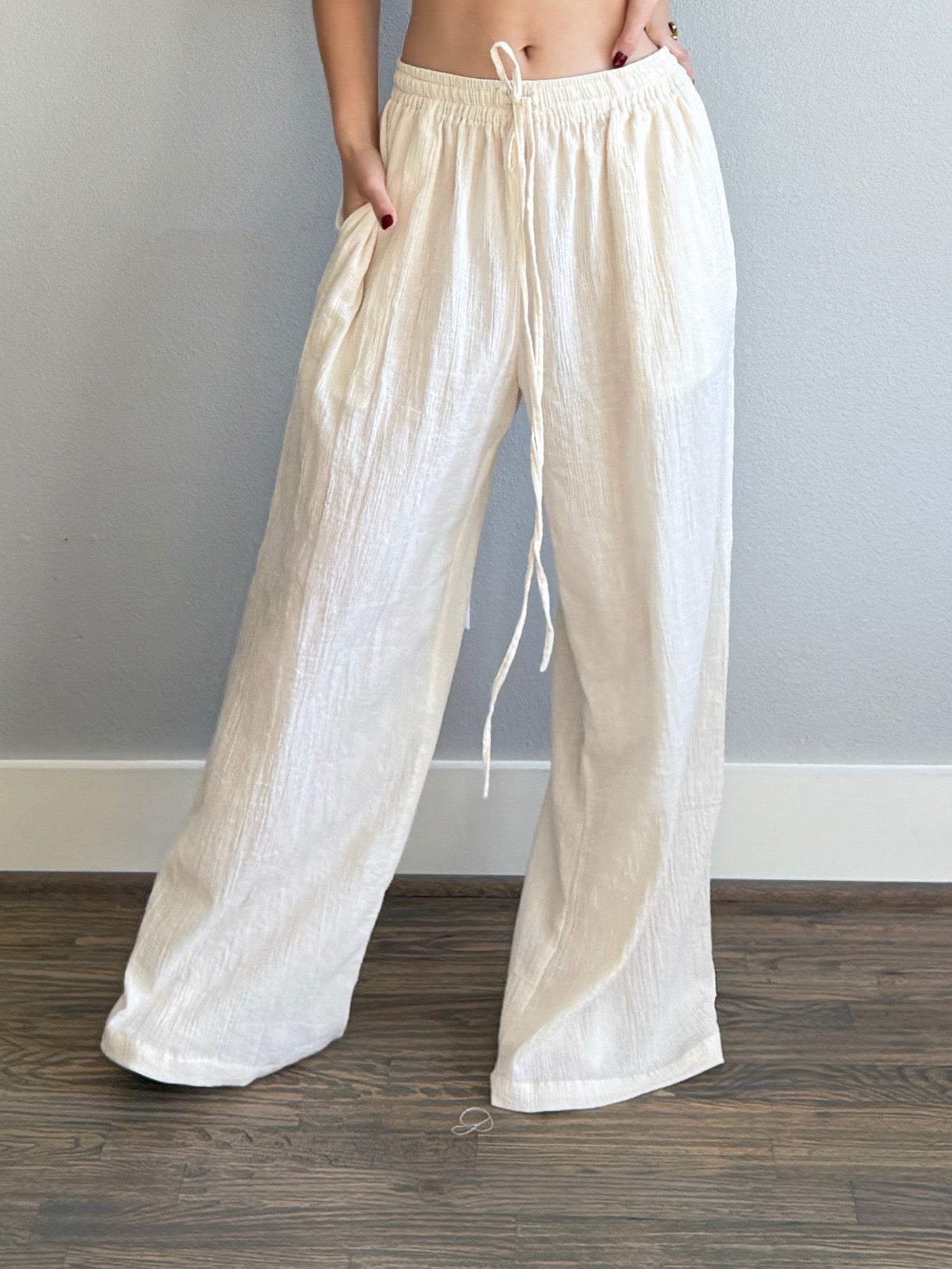 Organic cotton wide-leg pants with elastic adjustable waist, lightweight unlined cotton beach pants
