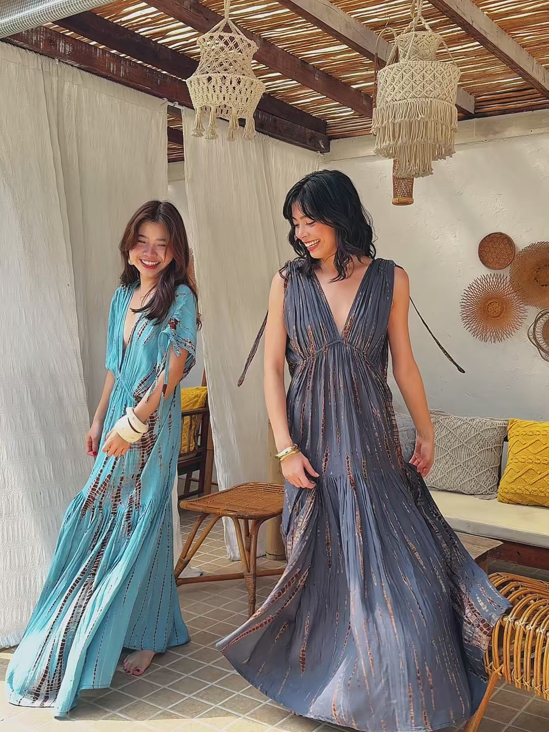 Model wearing the handmade Athena Goddess Kaftan Dress in teal and gray—flowy tie-dye maxi dress with pockets, deep V-neckline, perfect for summer, resort wear, or beach coverup.