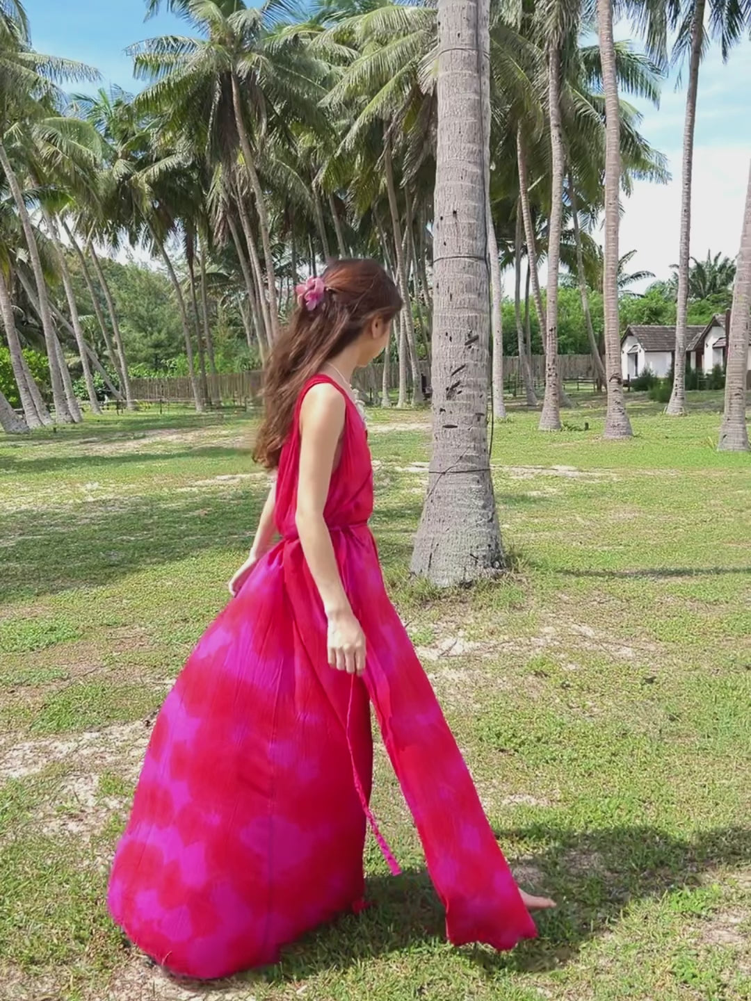 Shop Tie dye V Neck Maxi Dress Fuchsia - Casual Loose fit Resort Dress - Bohemian Beach Maxi Dress Tie Dye | Coco De Chom