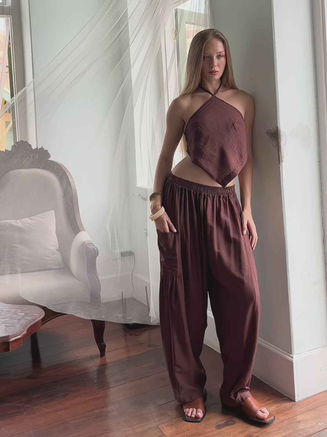 Cocoa brown wide-leg pants with matching halter top, perfect for vacation, festival, beach, and resort wear.