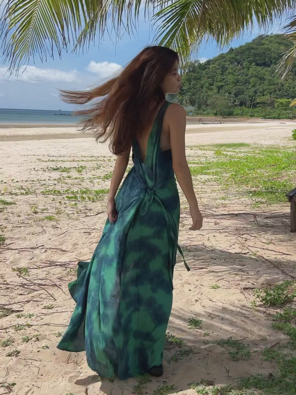 Moxidress Sleeveless V Neck Tie Dye Maxi Cami Beach Dress