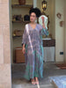 model wearing teal tie dye kaftan maxi dress resort beach cover up