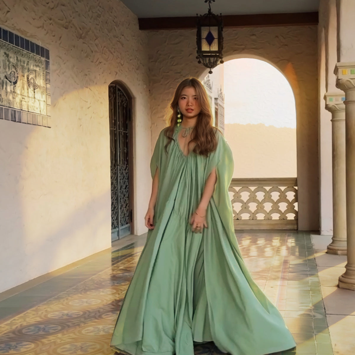 Flowy Sage Green Maxi Dress with Cape | Beach Wedding Guest & Resort Wear