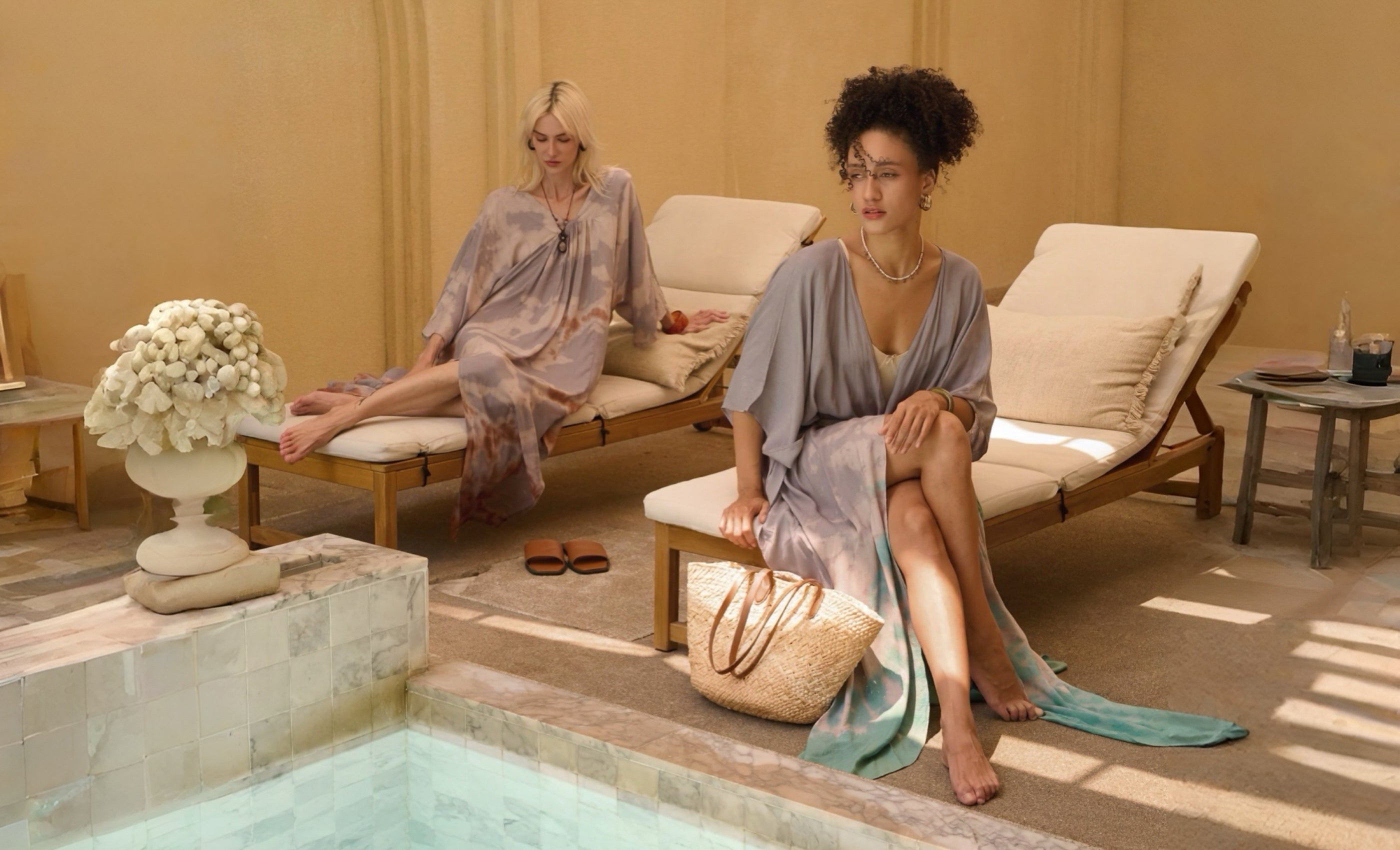 Collection of tie dye kaftan dresses, flowy resort wear and beach cover ups by COCO DE CHOM