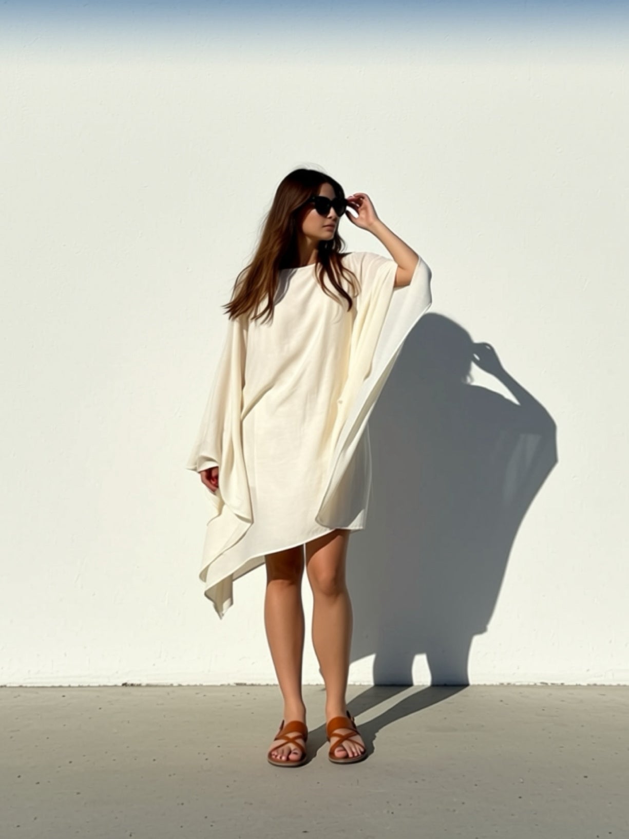 Woman wearing a white mini kaftan top beach cover up tunic, one size fits most, long sleeves with high-low hem, lightweight resort vacation wear, standing against a white wall under a blue sky.