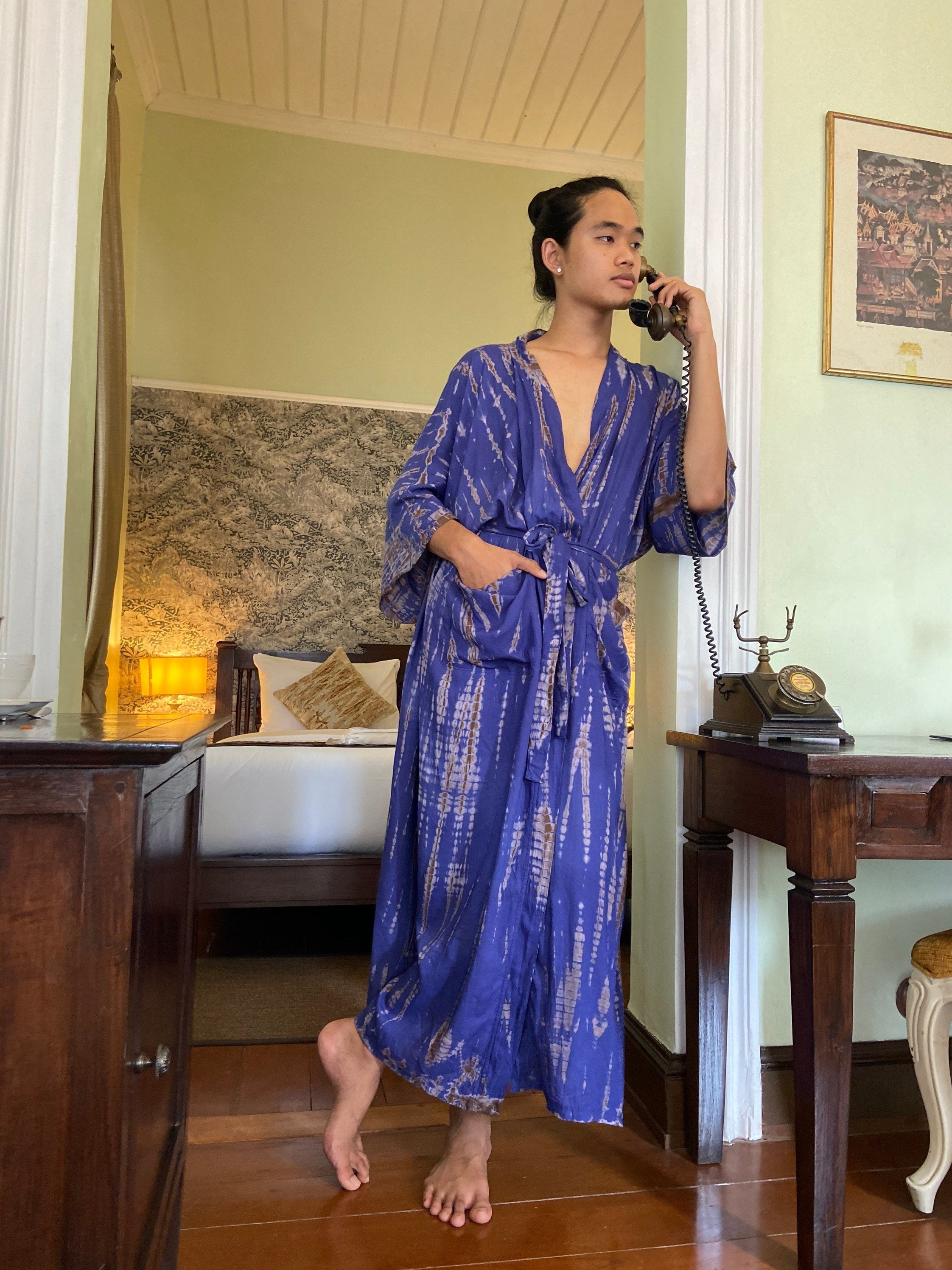 Swan Tie Dye Kimono Robe - Purple Blue