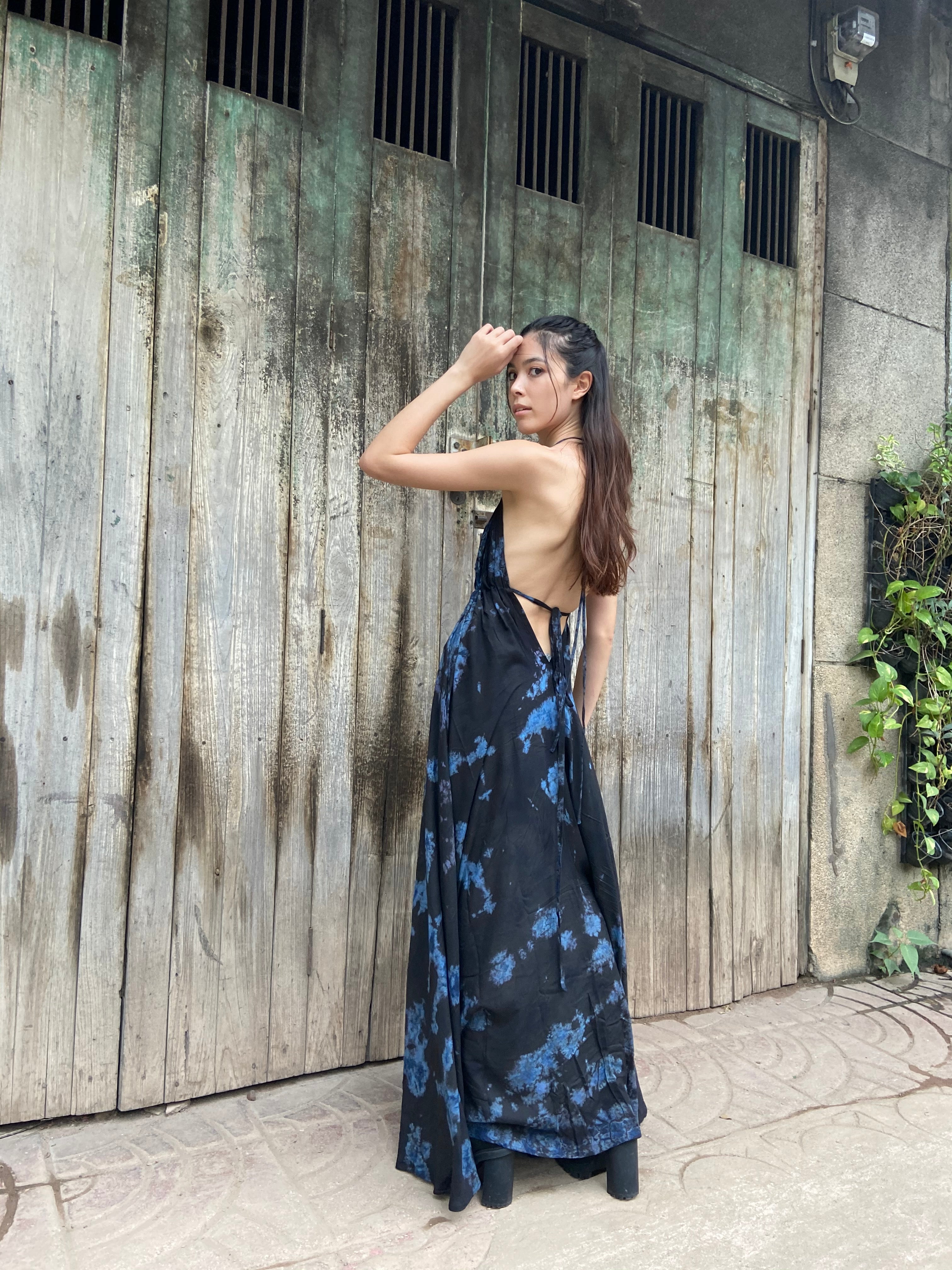 Tie dye halter maxi cheap dress