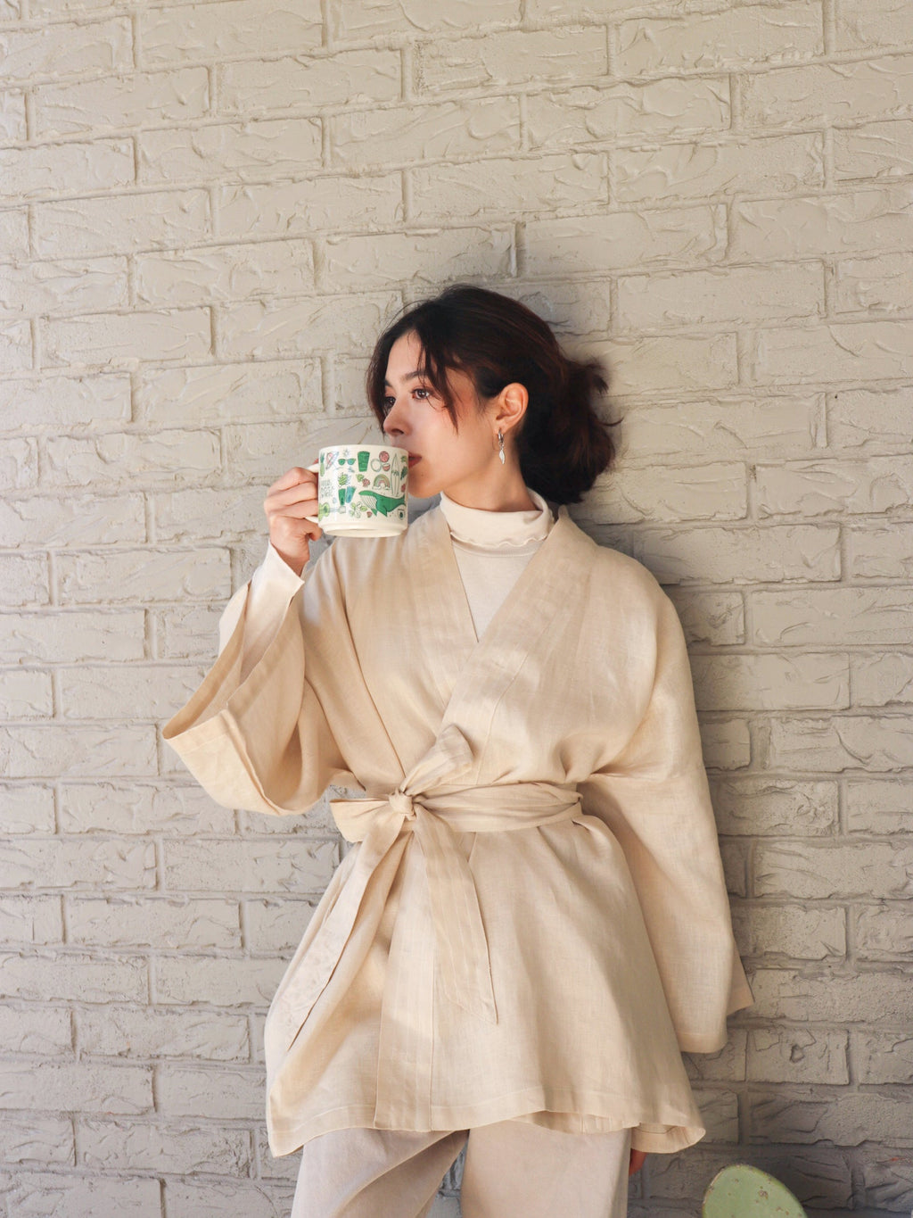 Short Linen Kimono Wrap with Belt • Bohemian Kimono Jacket For